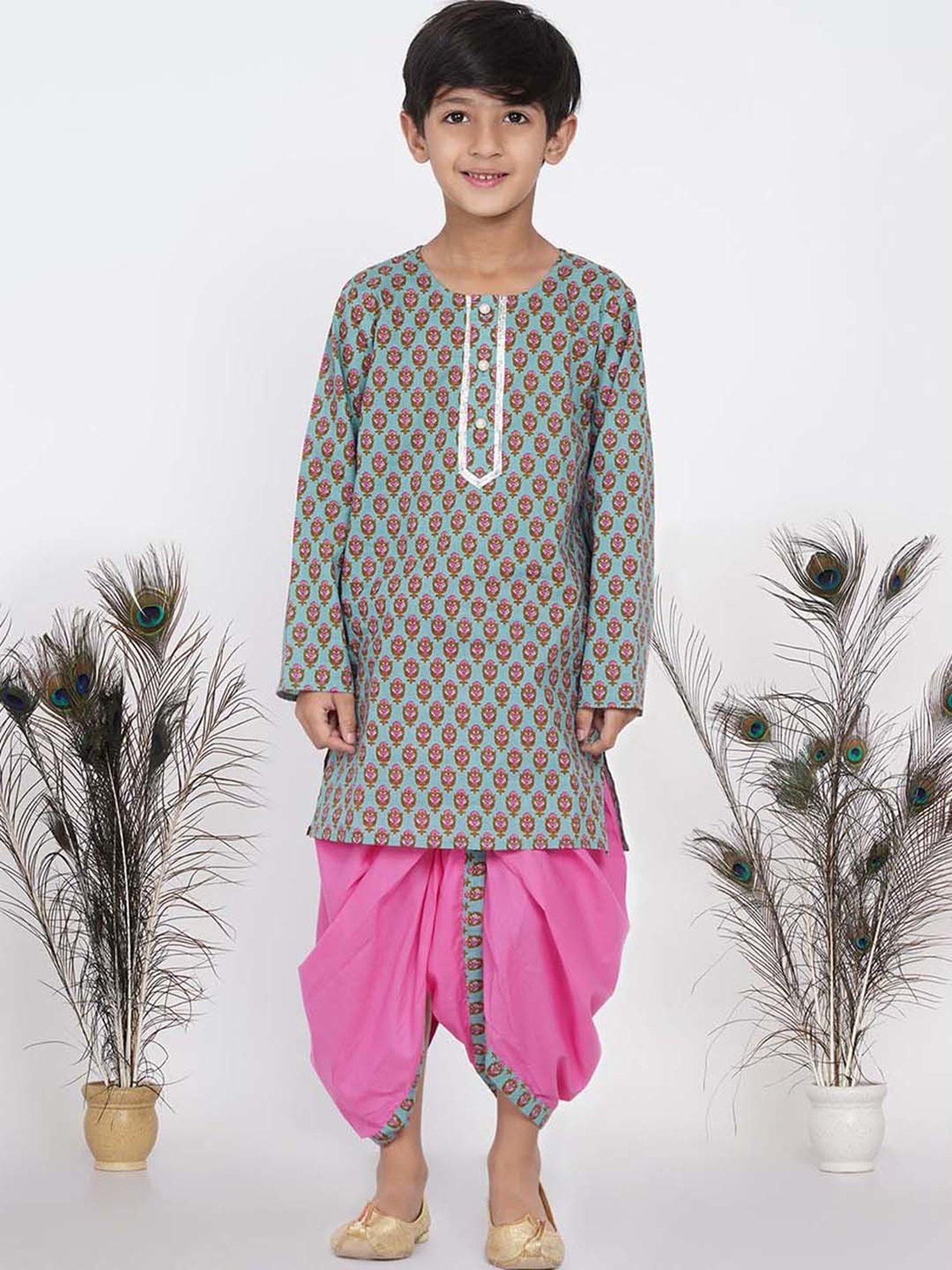Little Bansi Kids Green & Pink Cotton Floral Print Full Sleeves Kurta Set