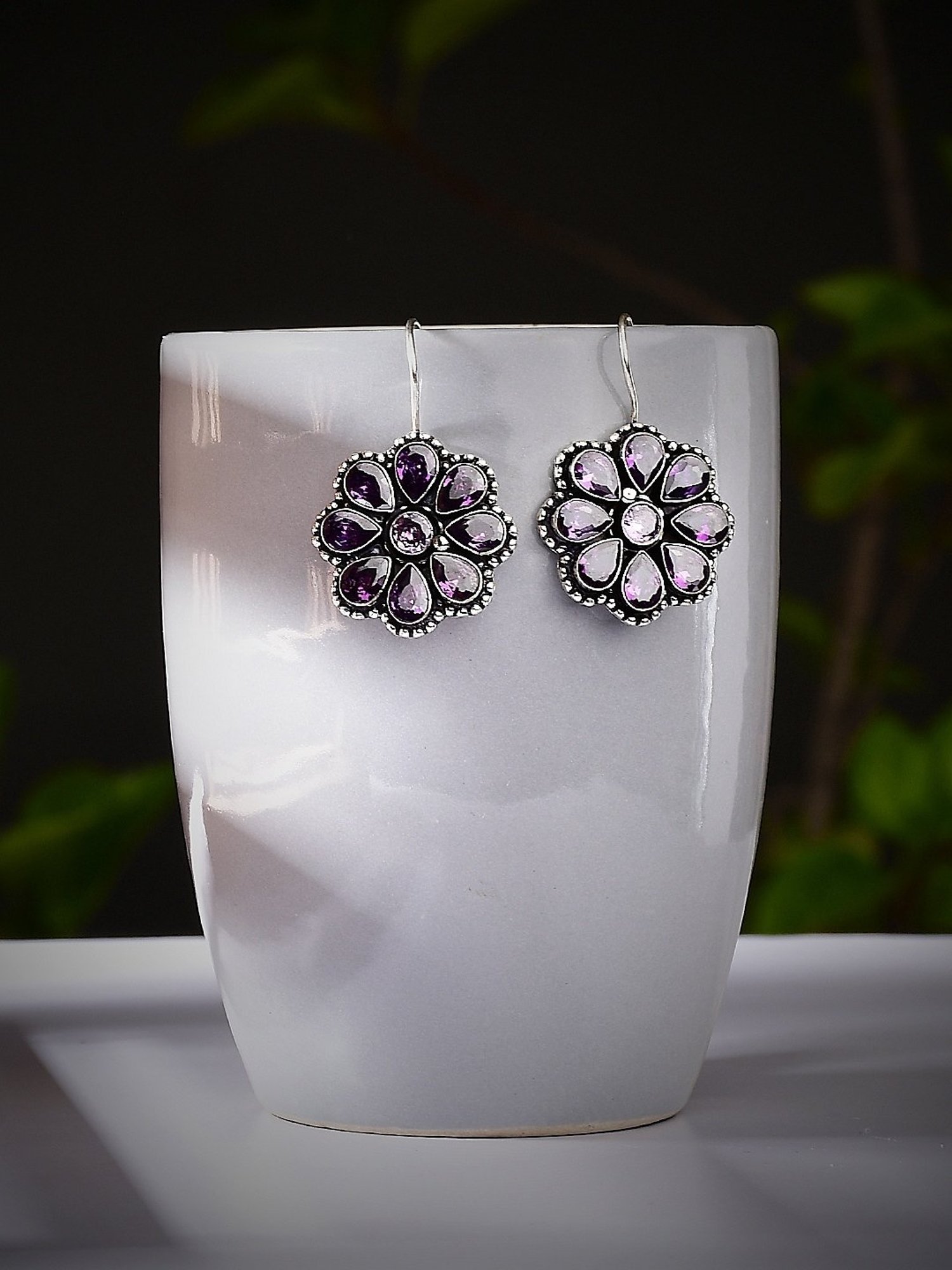 Imli Street Purple Silver Tone Stone-Studded Handcrafted Drop Earrings