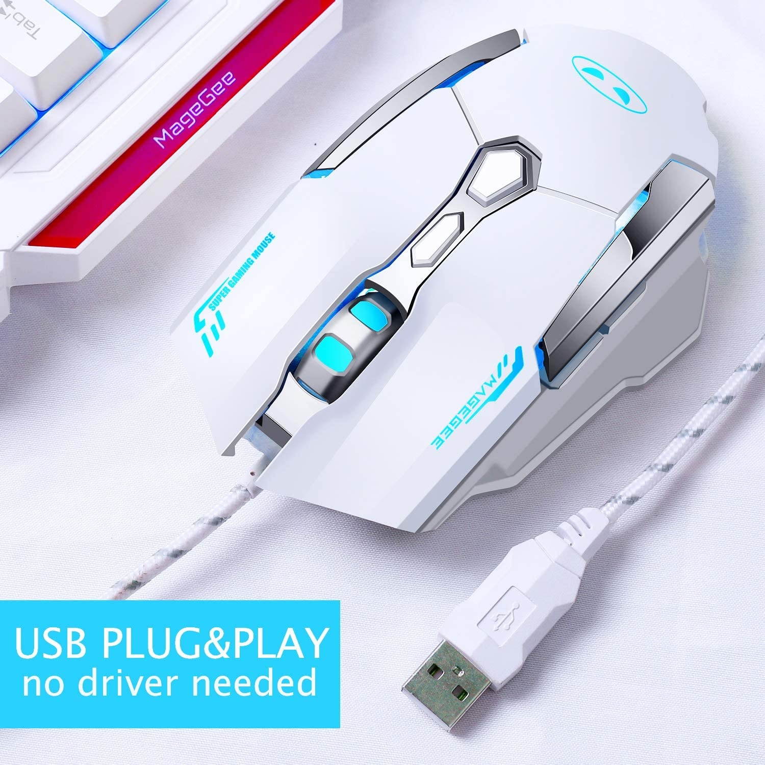 PC Gaming Keyboard and Mouse Combo, GK806 LED Rainbow Backlit USB Keyboard and Mouse Set, G7 Gaming Mouse and Keyboard 104 Key Computer PC Gaming Keyboard with Wrist Rest-White