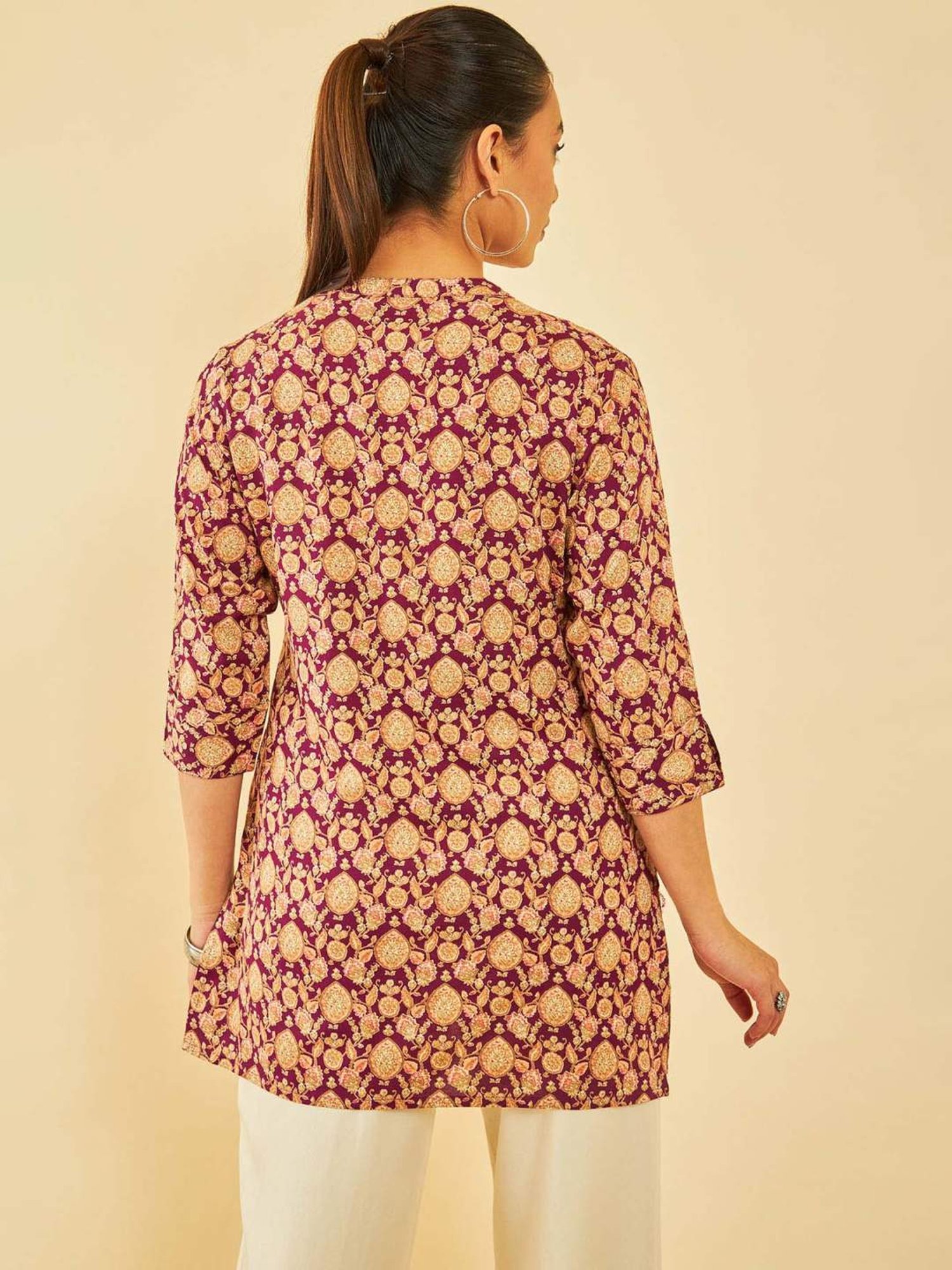 Soch Womens Wine Rayon Floral Printed Tunic With Faux Mirror & Tassels