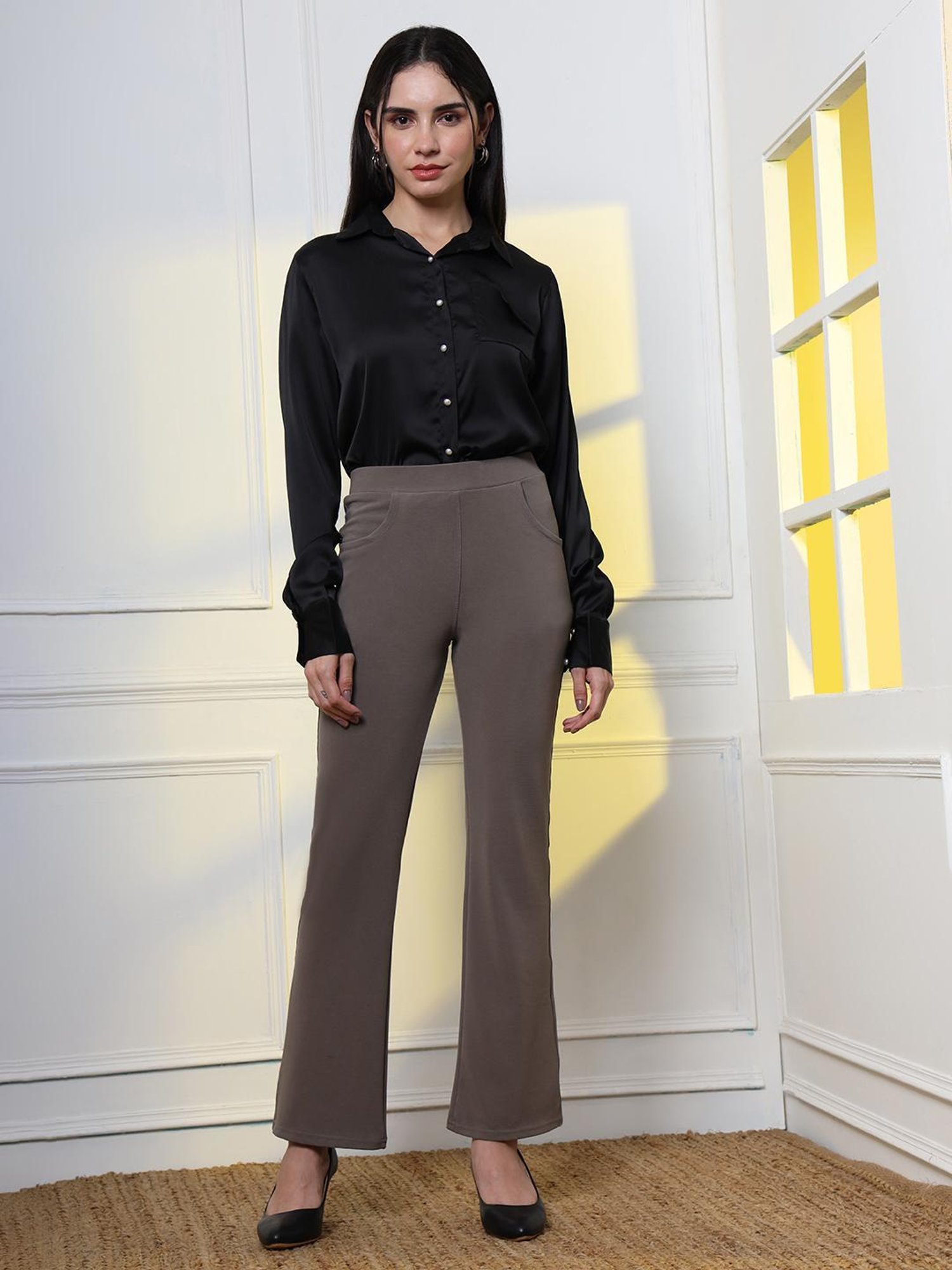 FITHUB Grey Regular Fit High Rise Trousers