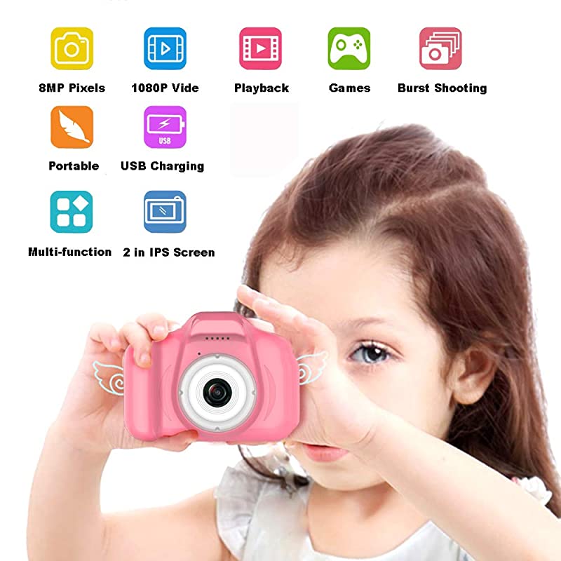 CameraChildren Digital Cameras Kid Action Camera Toddler Video Recorder 1080P IPS 2 InchChild Rechargeable Camera with 16GB TF CardChristmas and Birthday Gifts for Girls Age 38Pink