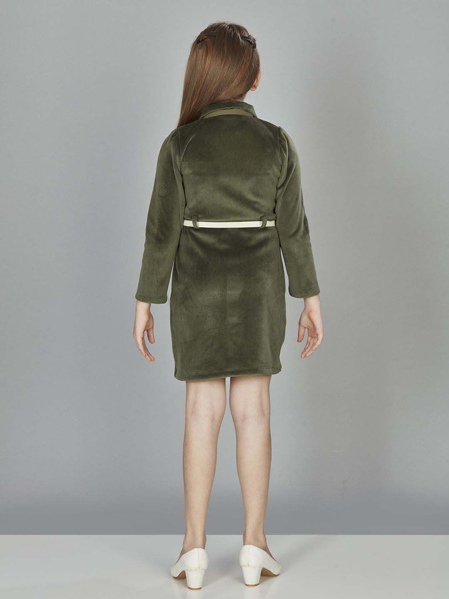 Peppermint Girls Olive Striped Full Sleeves Dress