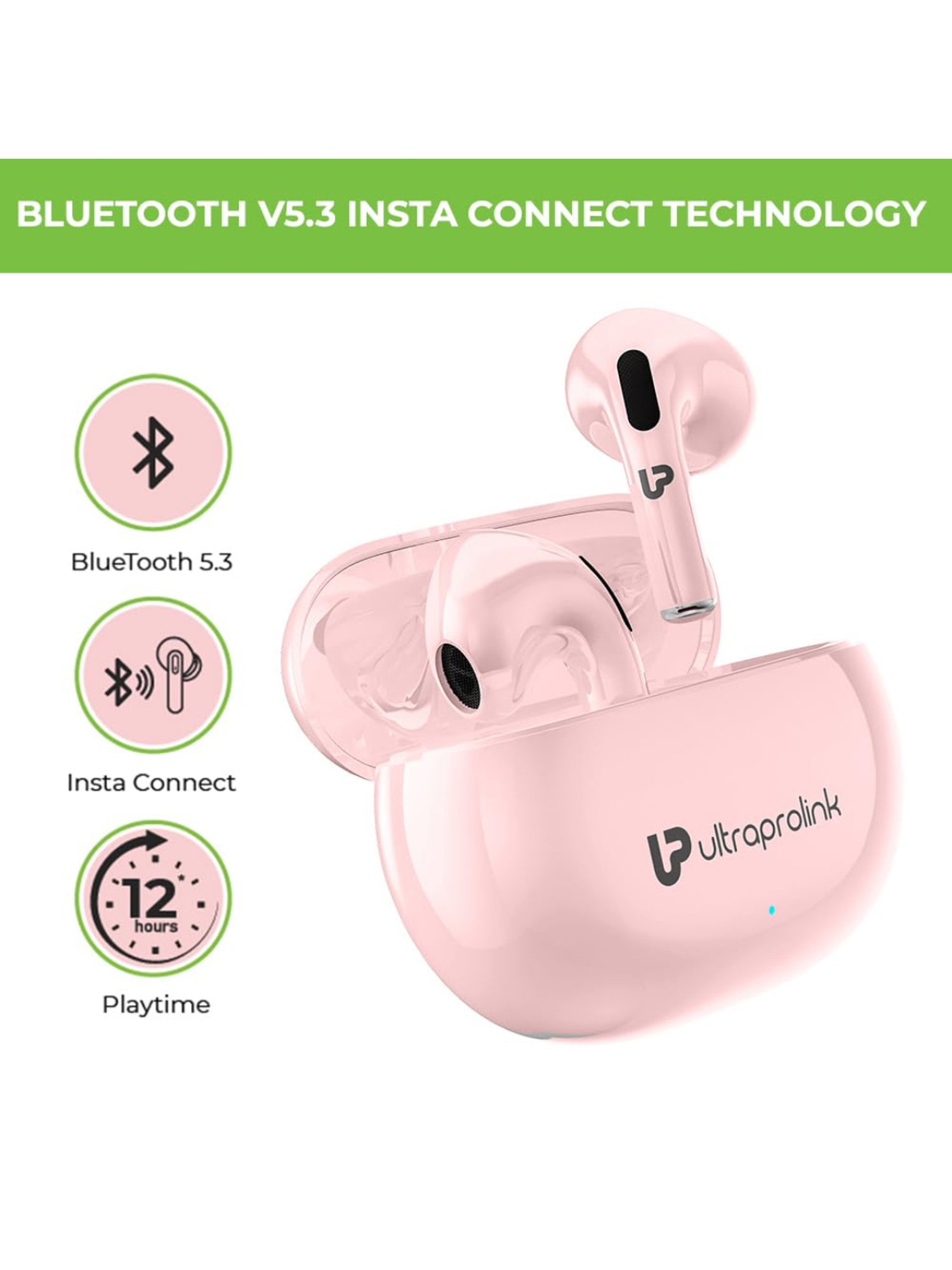 ULTRAPROLINK UM1147 Bluetooth Earbuds with 12H Playtime, Game Mode (Pink, True Wireless)