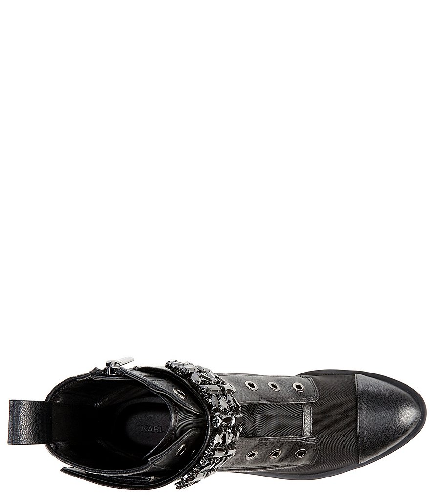KARL LAGERFELD PARIS Pippa Mesh Bling Strap Lug Sole Combat Booties