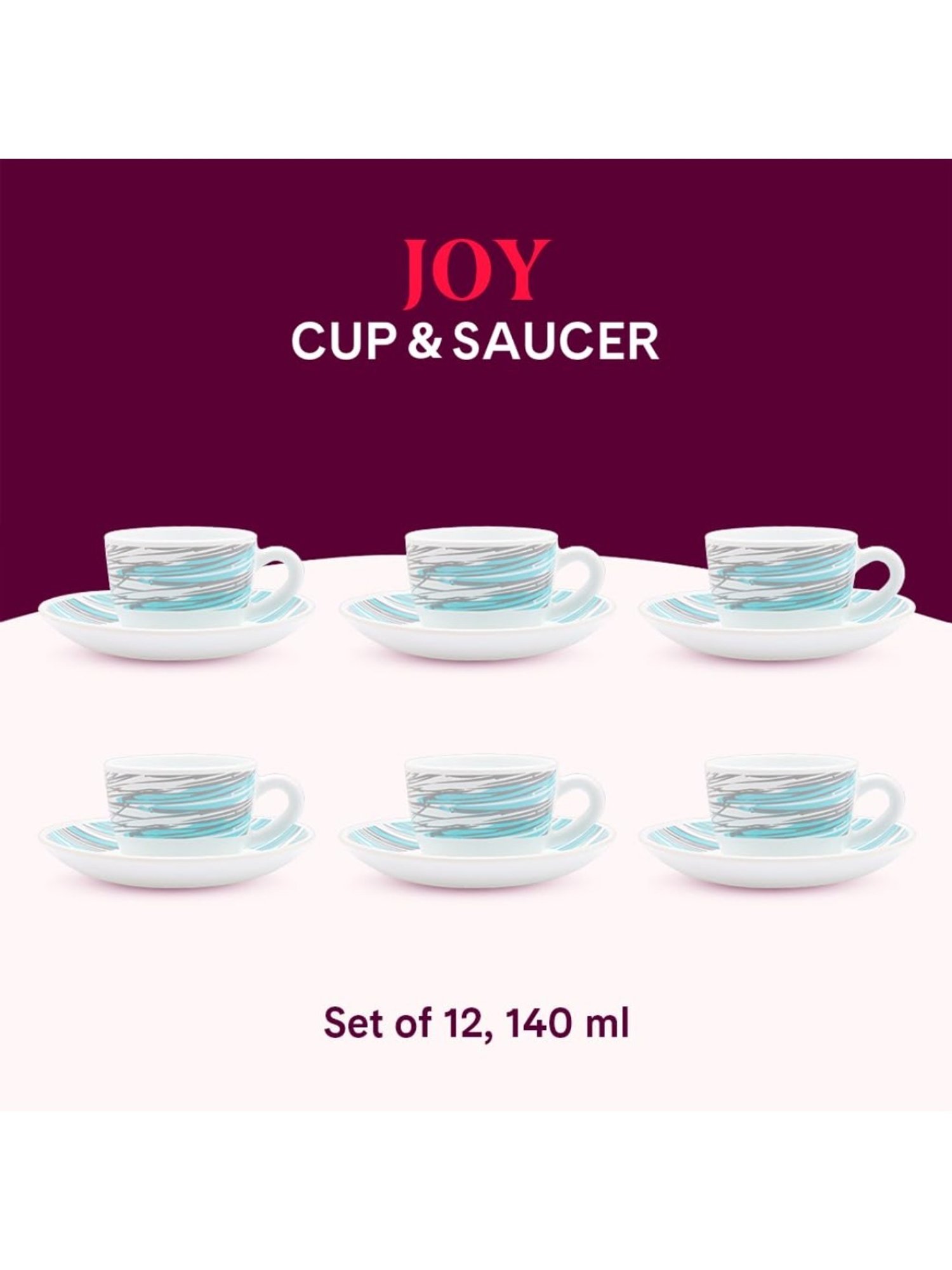 Larah by Borosil White Ceramic Opalware Cup and Saucer Set of 12 140ml