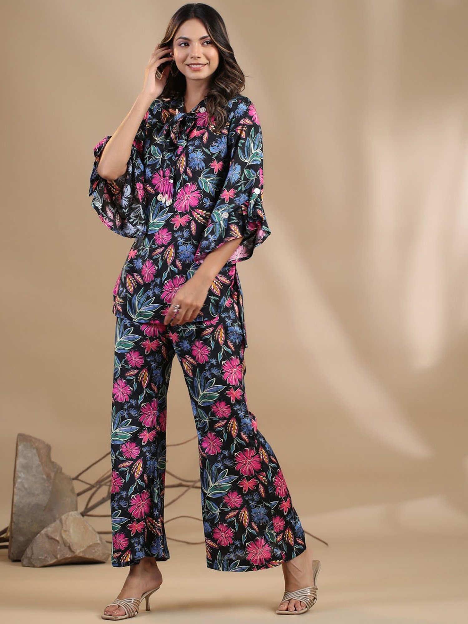 READIPRINT FASHIONS Black Floral Print Top Palazzo Set