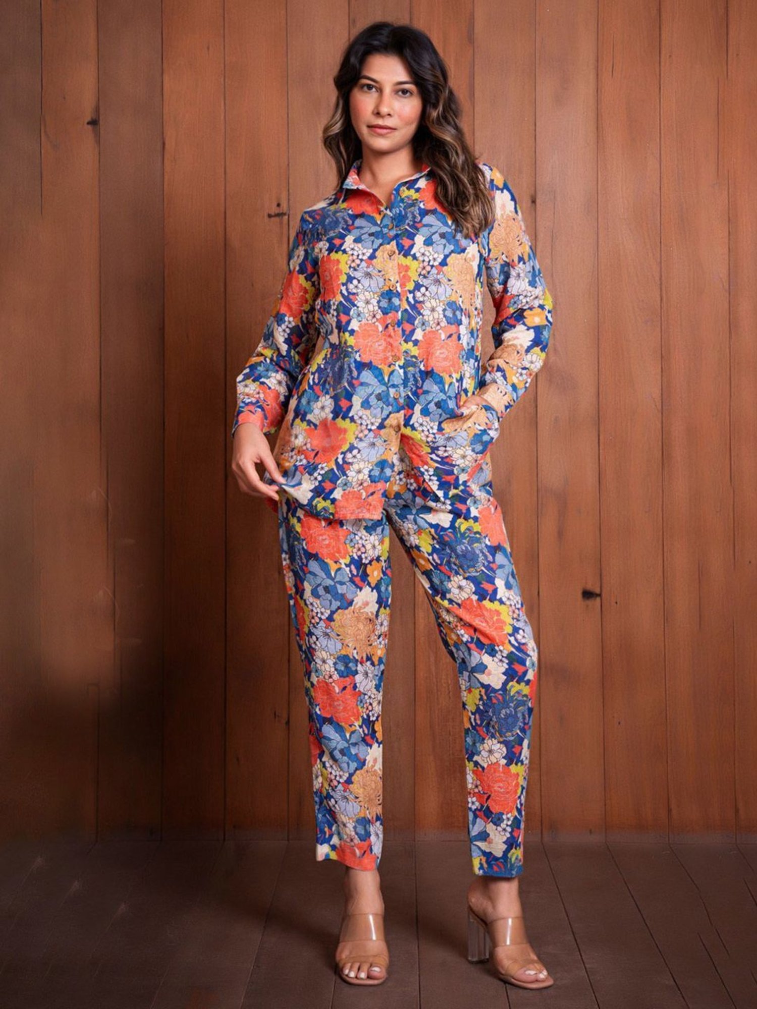 Eeshva India Blue Floral Illusion Shirt with Pant