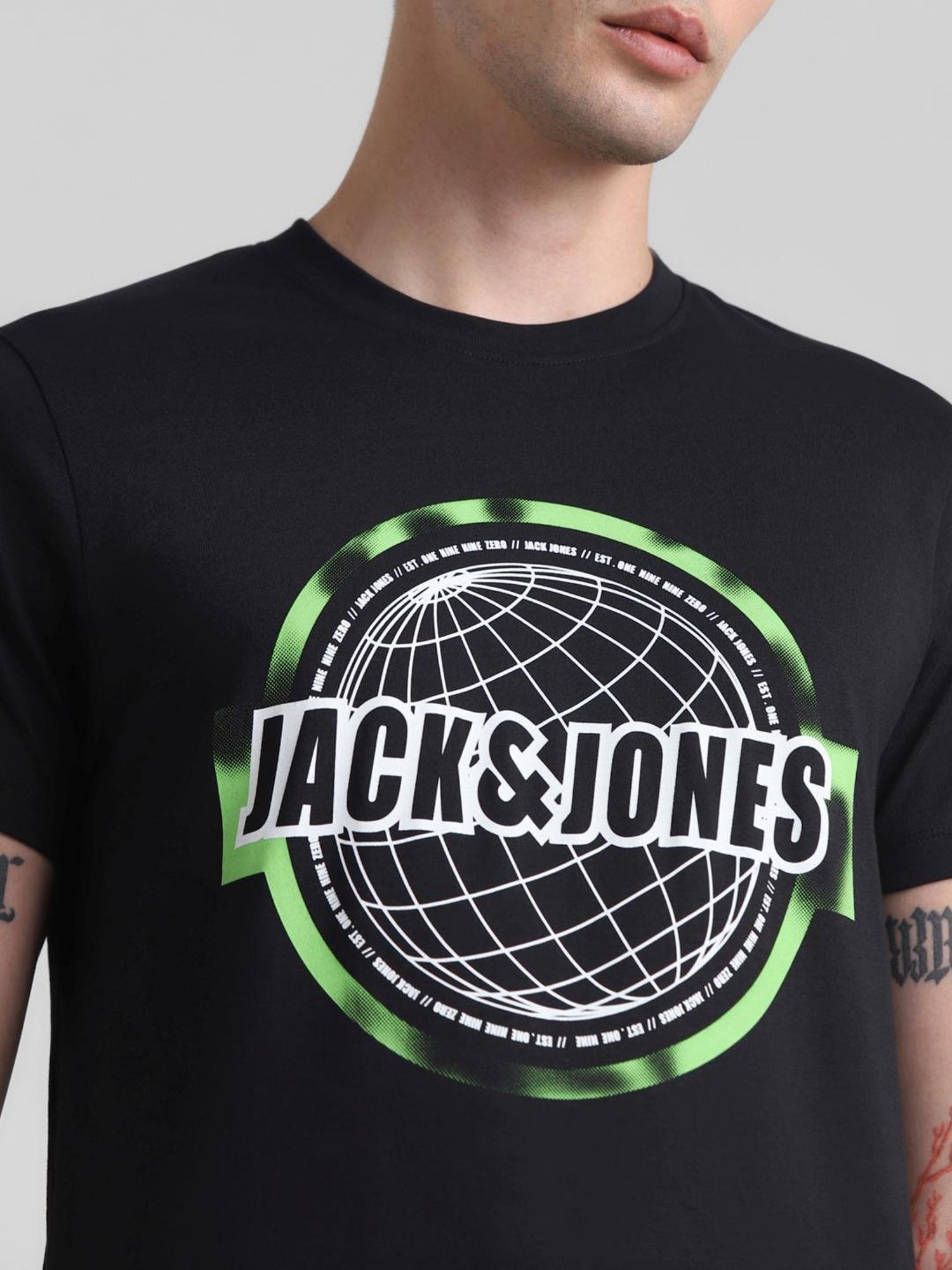 Jack & Jones Jet Black Cotton Slim Fit Printed T-Shirt