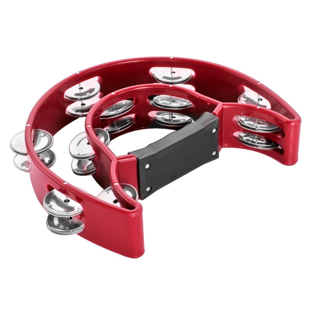 Half Moon Musical Tambourine Double Row Metal Jingles Hand Held Percussion Drum for Gift KTV Party Kids Toy in Red with Ergonomic Grip