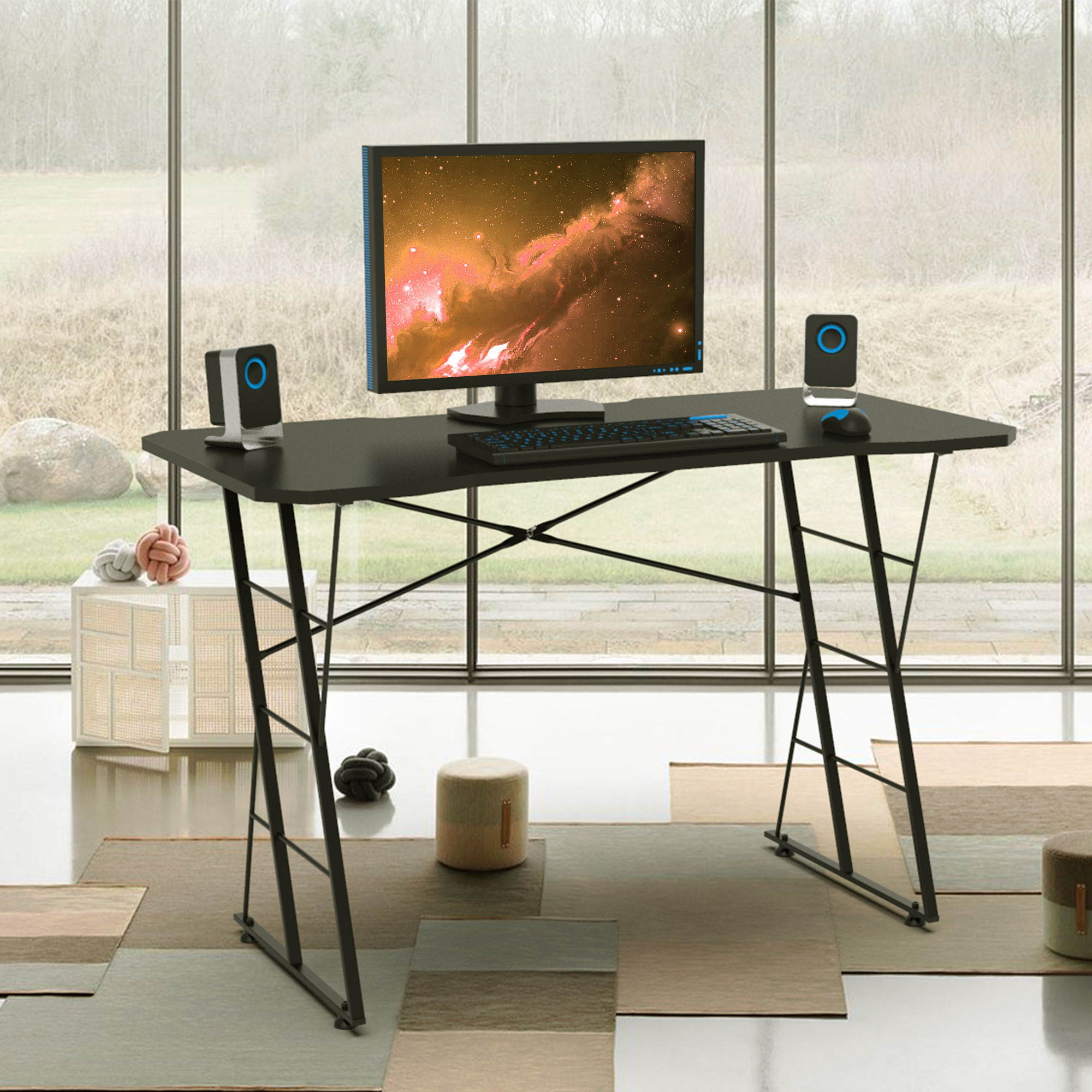 47.2 Inch Ergonomic Gaming Desk Home Office Desk Carbon Fiber Surface Computer Table E-sport Desk H-Shaped PC Desk with Monochrome Blue Light,Adjustable Table Leg Pad and Cup Holder