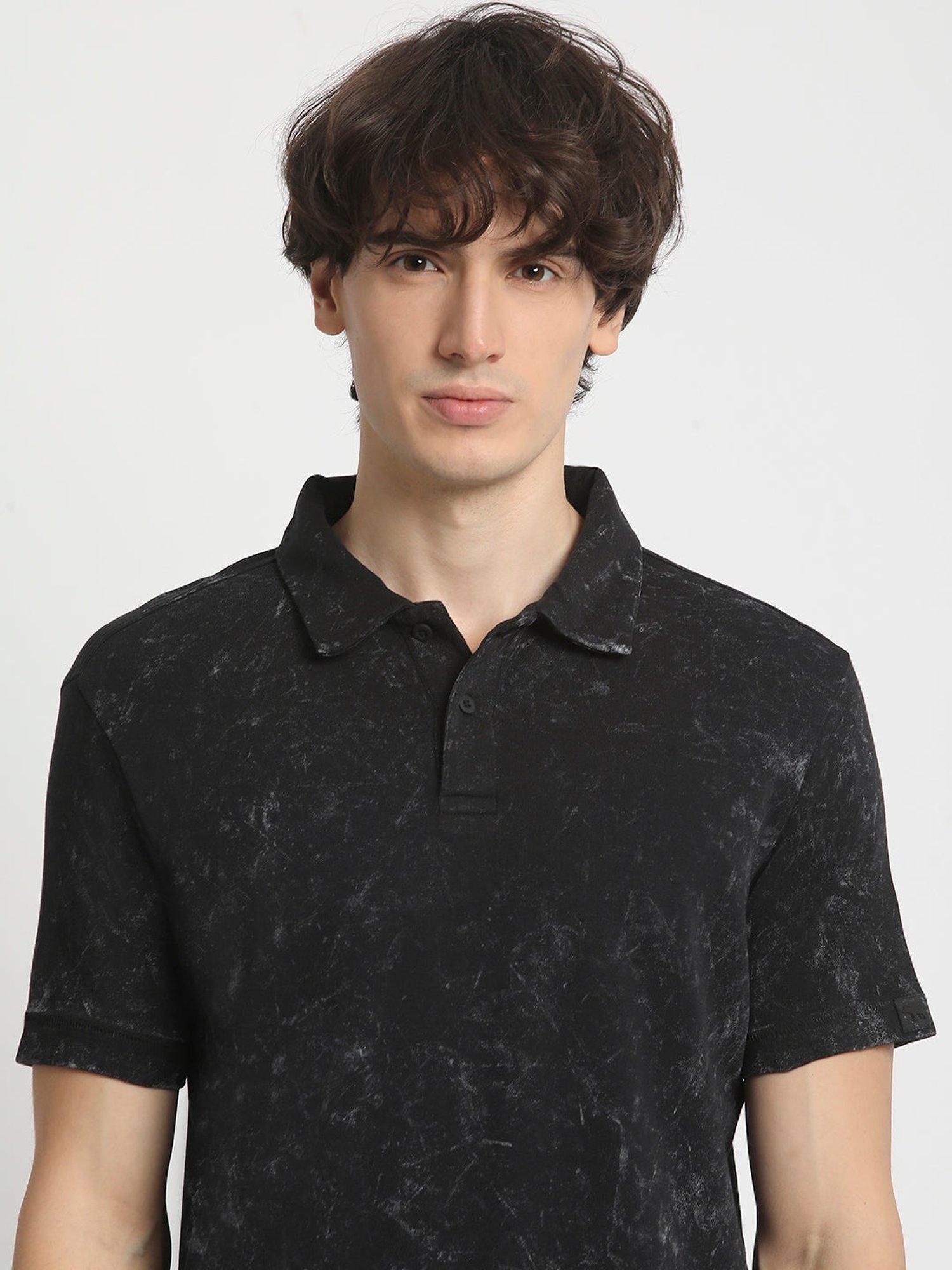 The Bear House Black Cotton Regular Fit Printed Polo T-Shirt