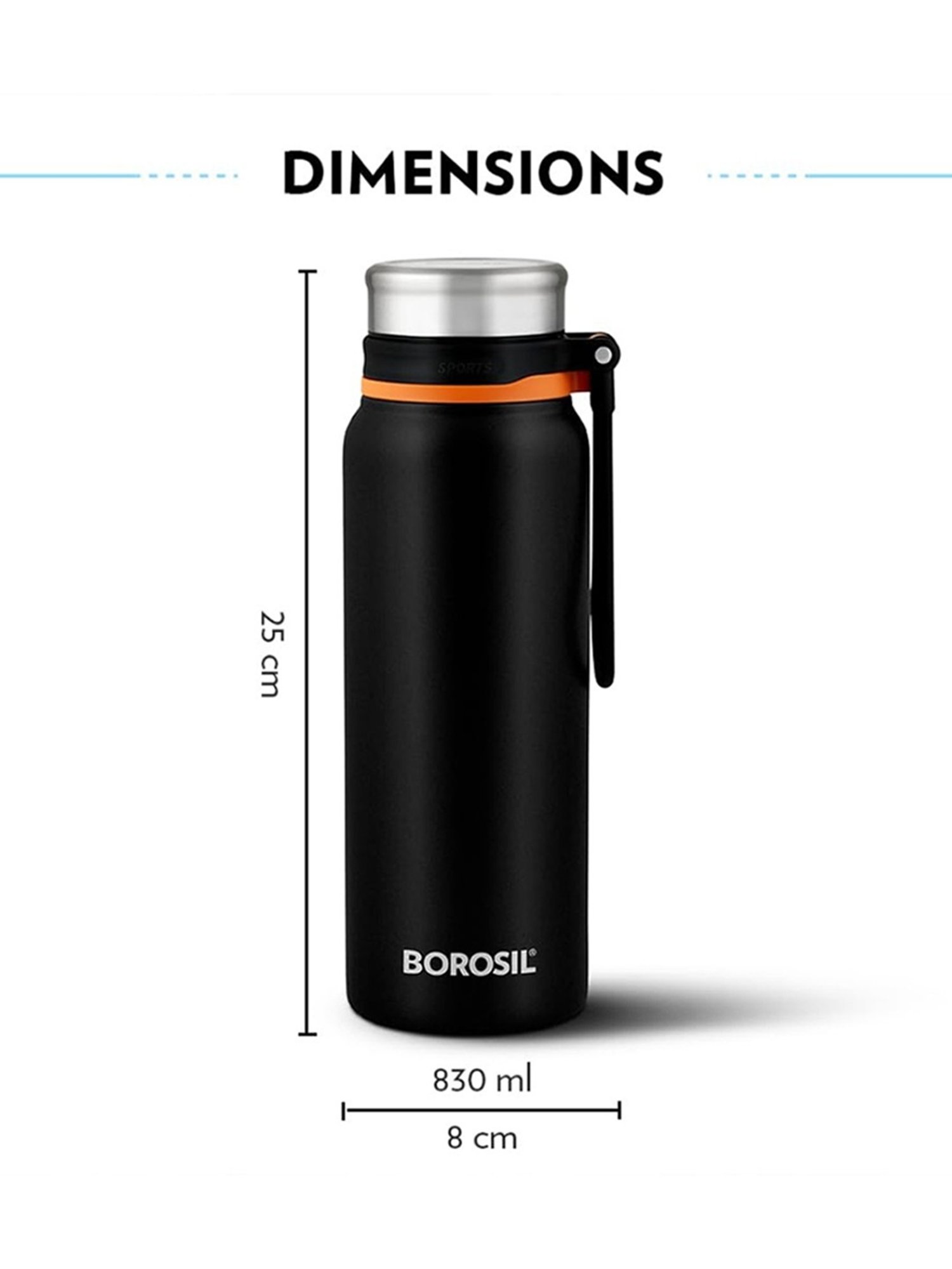 Borosil Black Stainless Steel Double Wall Vaccum Insulated Water Bottles (830ml)