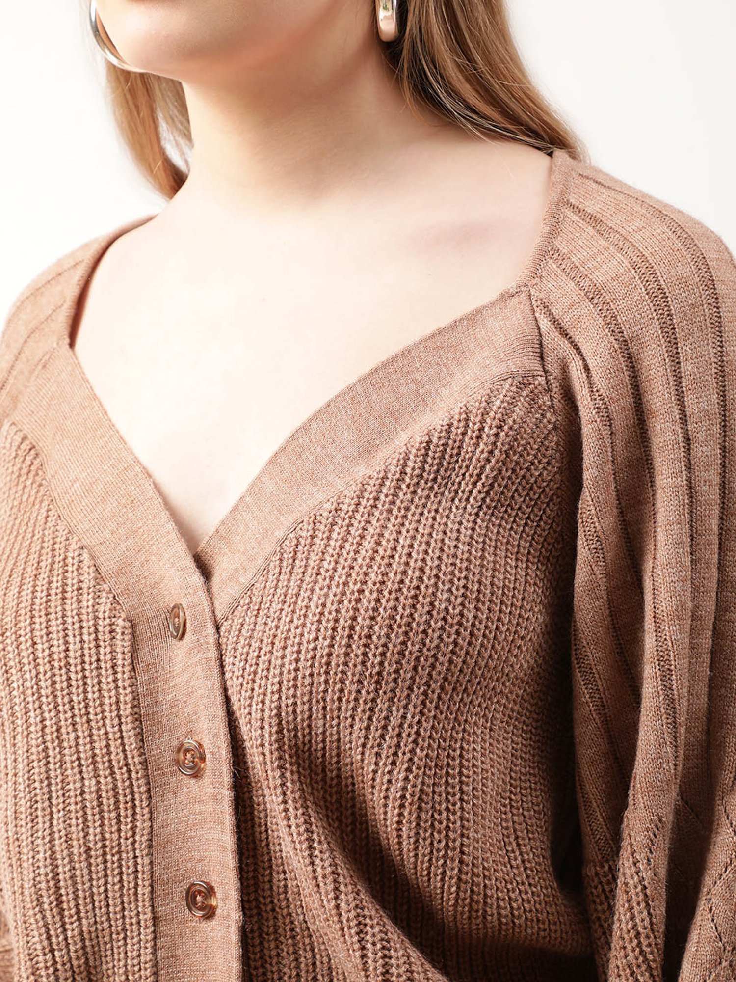 Rooted Dark Beige V Neck Cardigan