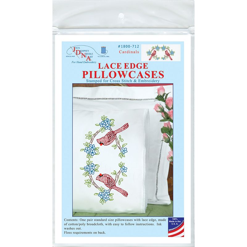 Jack Dempsey Stamped Pillowcases W/White Lace Edge 2/Pkg-Cardinal