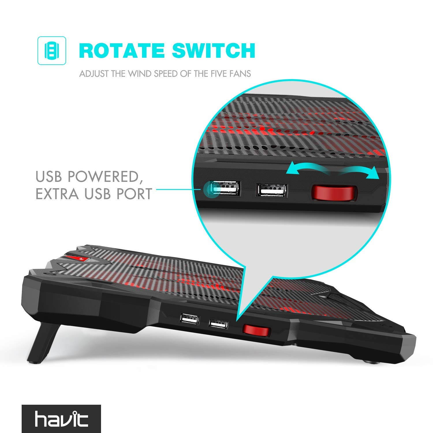 HAVIT 5 Fans Laptop Cooling Pad for 14-17 Inch Laptop, Cooler Pad with LED Light, Dual USB 2.0 Ports, Adjustable Mount Stand (Black)