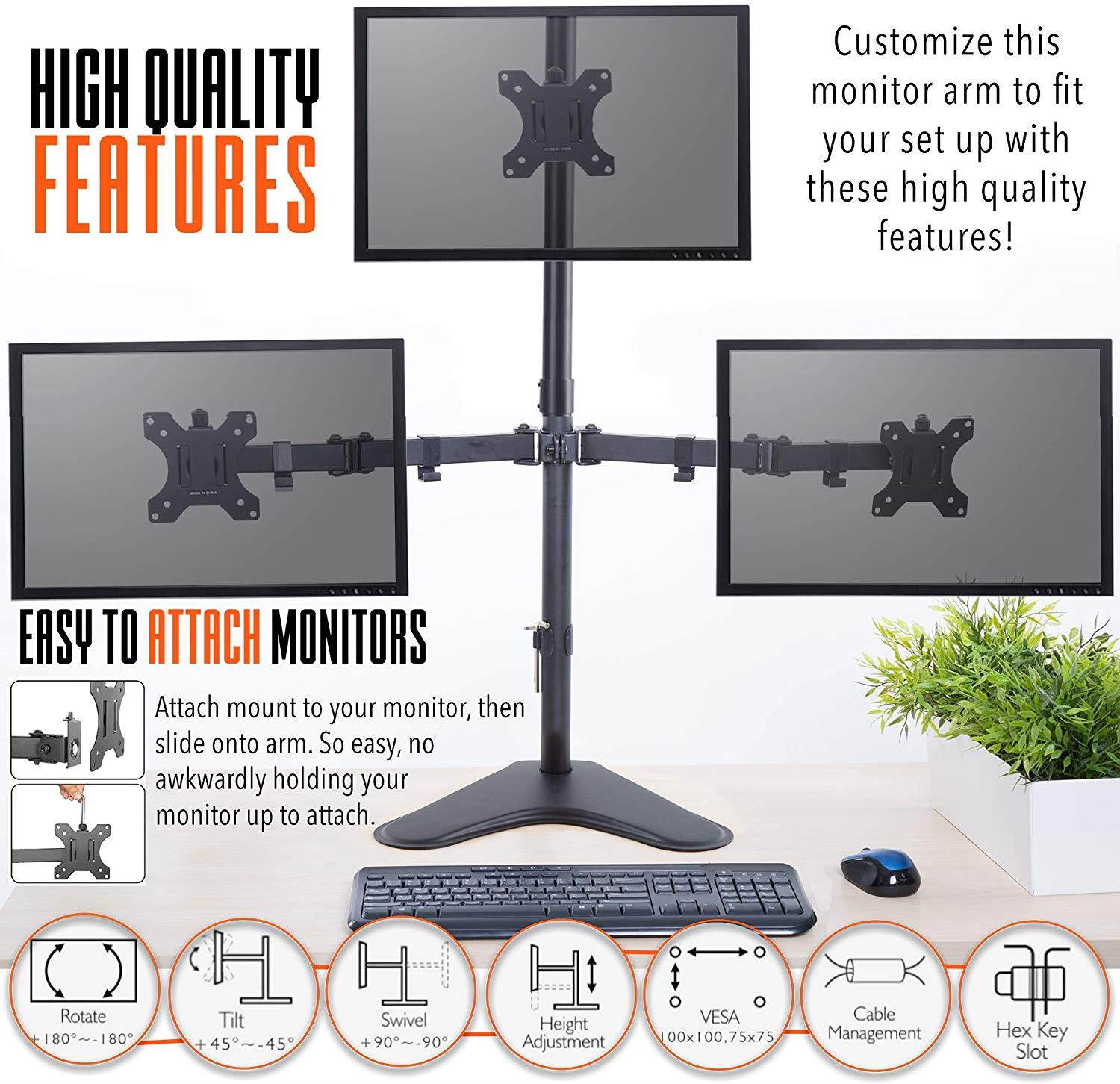 stand steady freestanding 3 monitor desk mount stand | height adjustable triple monitor stand with full articulation | vesa mount fits most lcd/led monitors 1332 inches 3 arm free standing