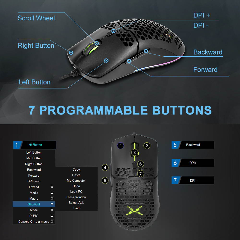 DELUX Lightweight Gaming Mouse(2.36g/67g) with Lightweight Honeycomb Shell Design, Ultralight Ultraweave Cable and 7 Programmable Buttons, 16000 DPI RGB Optical Mice (M700BU(3389)-Black)