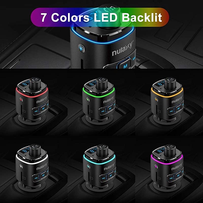 Bluetooth FM Transmitter for Car, 7 Color LED Backlit Bluetooth Car Adapter with QC3.0 Charging, Support Siri Google Assistant, USB Flash Drive, microSD Card, Handsfree Car Kit (B- Black)
