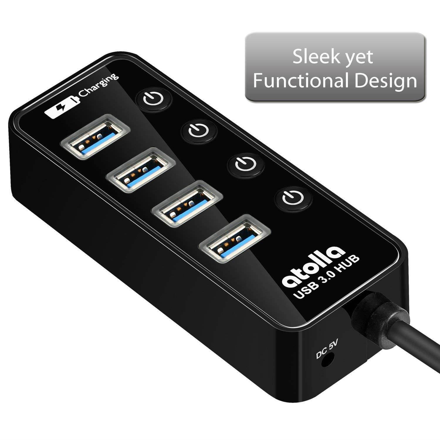 Powered USB Hub, atolla USB 3.0 Hub 4 + 1 Data Transfer and Charging Multiport with 15W (5V/3A) Power Supply Adapter and 3.3ft Meter USB 3 Extension Cable