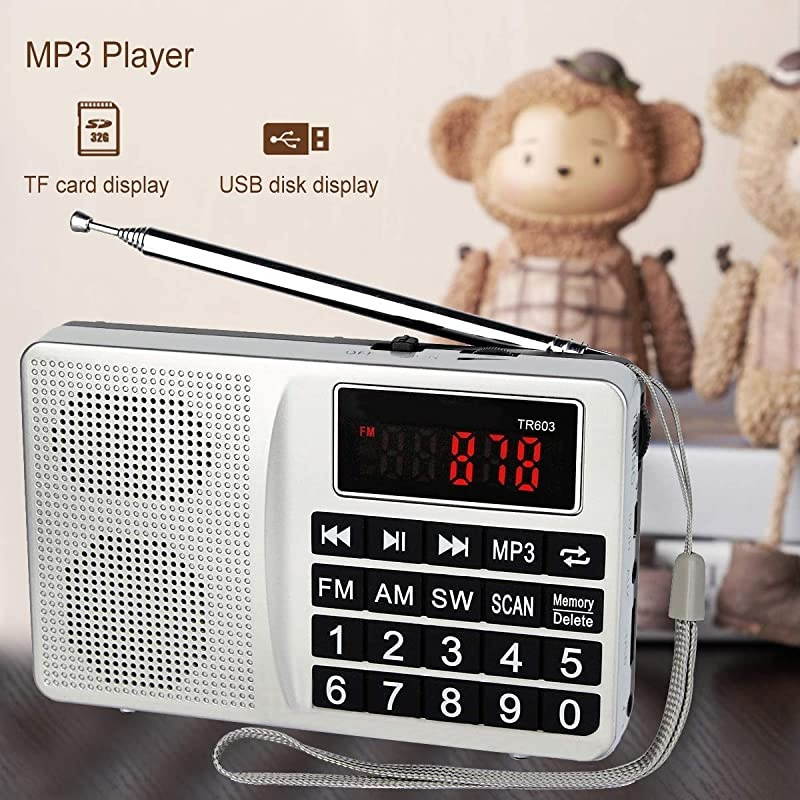 TR603 Radios Portable AM FM, Short Wave Band Radio, Digital Radio Support TF, USB, AUX Input, with Preset Button and 5W Speaker (Sliver)