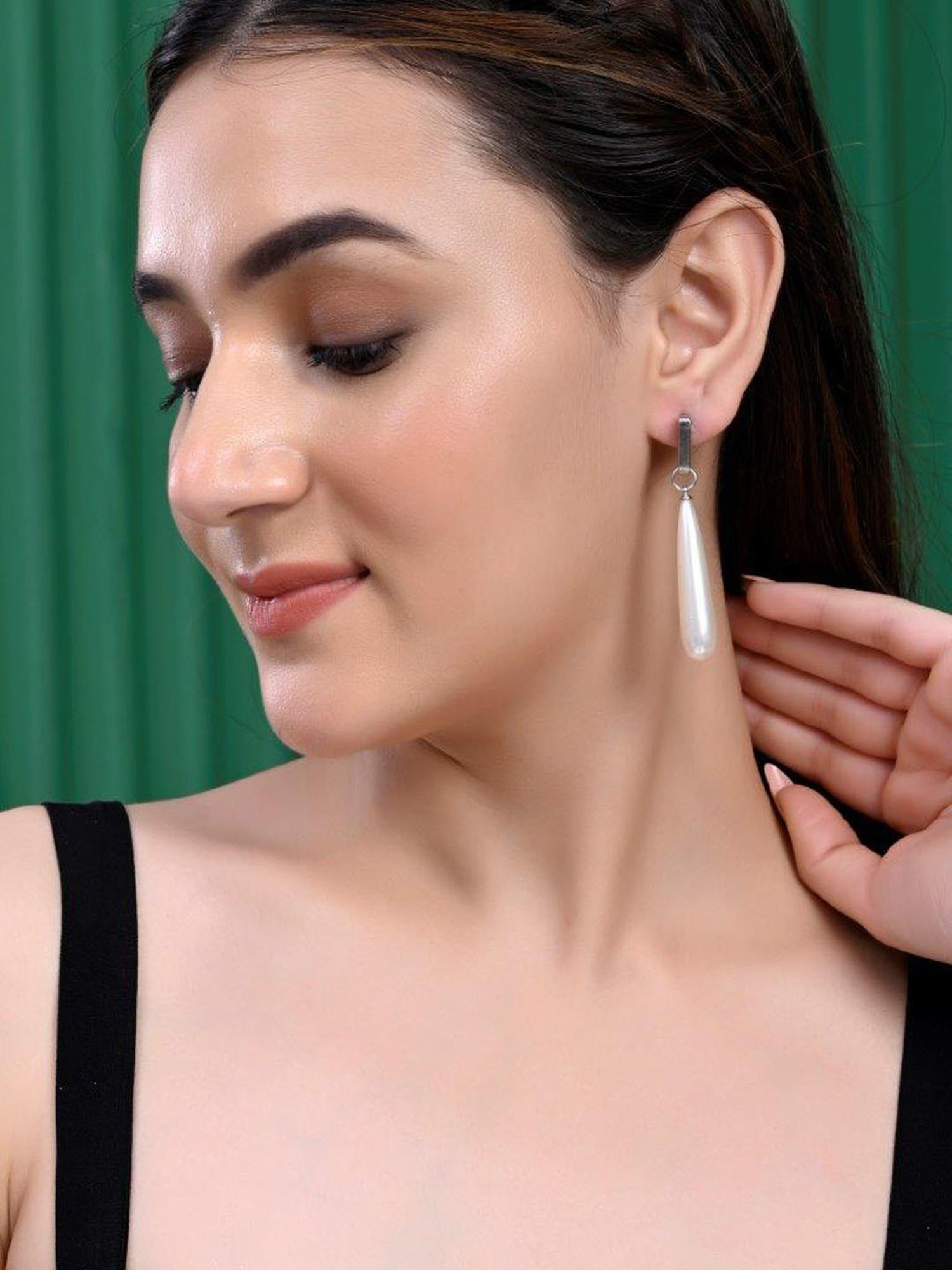 VOJ Set of 2 Korean Drop Earrings - Gold Plated and Silver Plated with White Pearl for Women