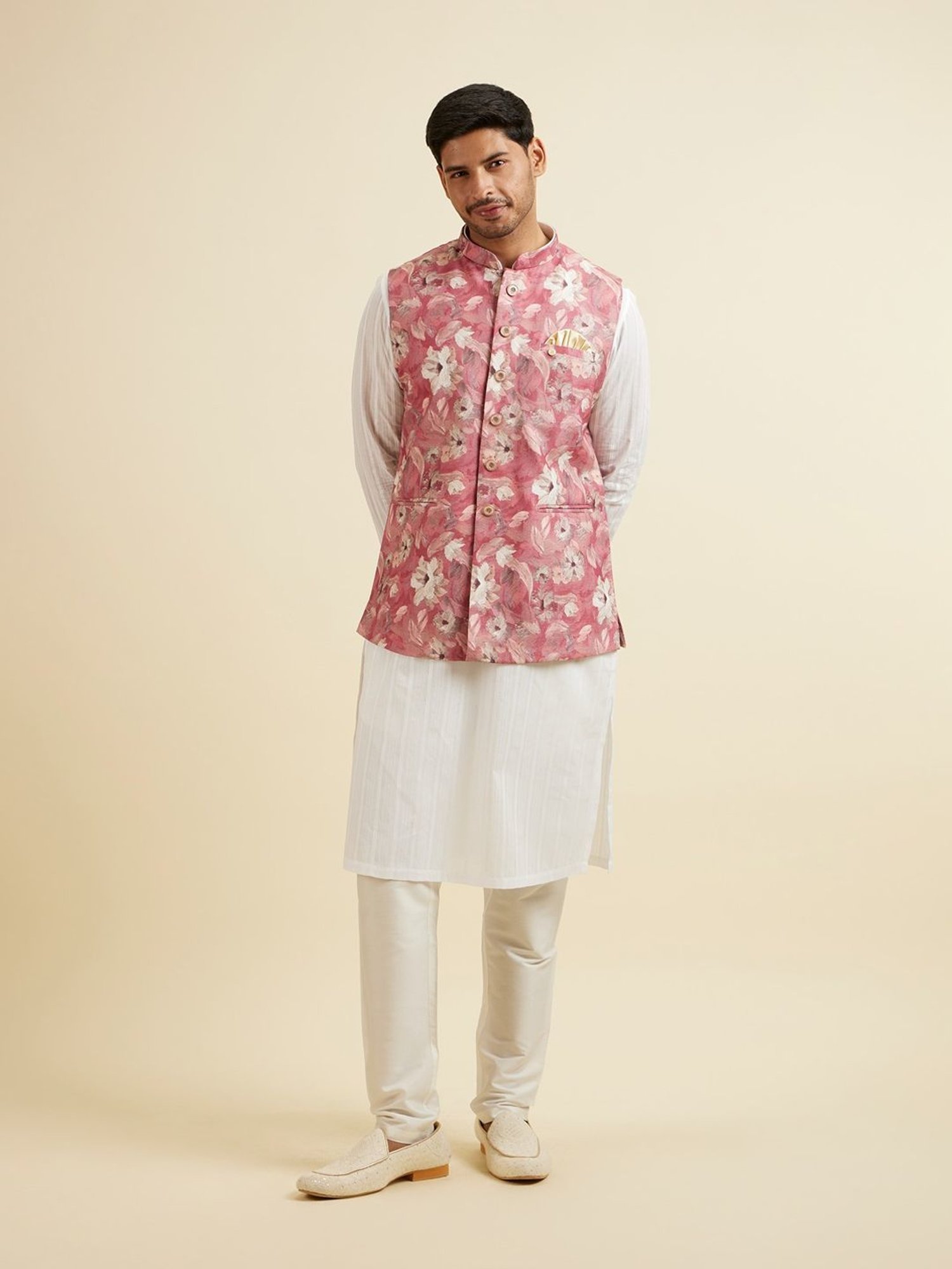 Manyavar Pink Regular Fit Printed Nehru Jacket