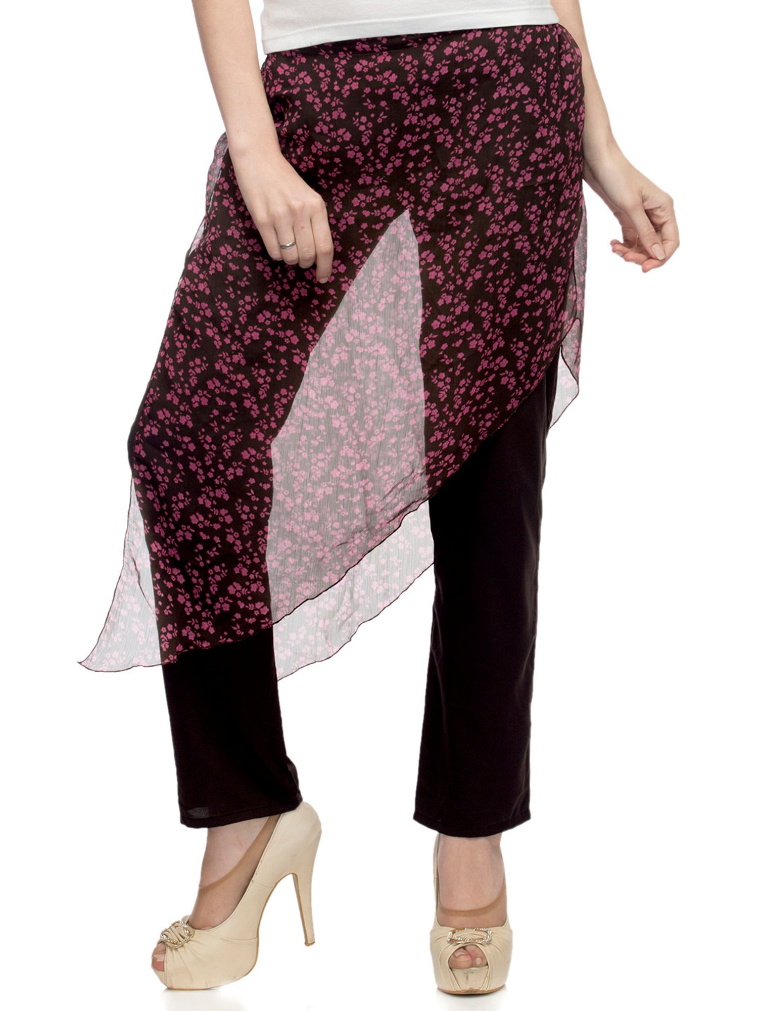 One Femme Black & Pink Printed Regular Fit Low Rise Trousers With Attached Sarong