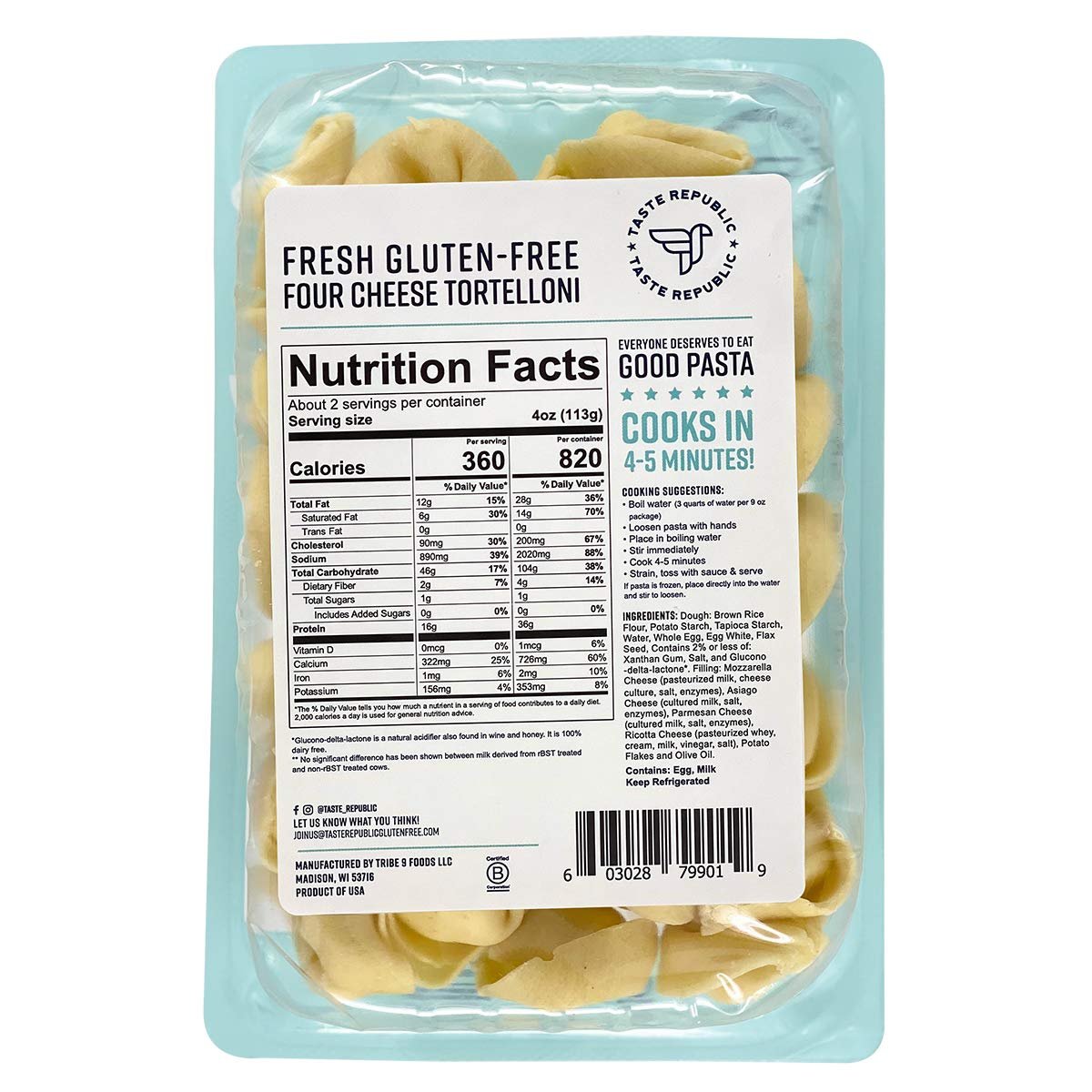 Gluten-Free Four Cheese Tortellioni Spinach , Fresh Pasta Cooks in Just 4 Minutes by Taste Republic, Frozen, 9oz (6 pack)