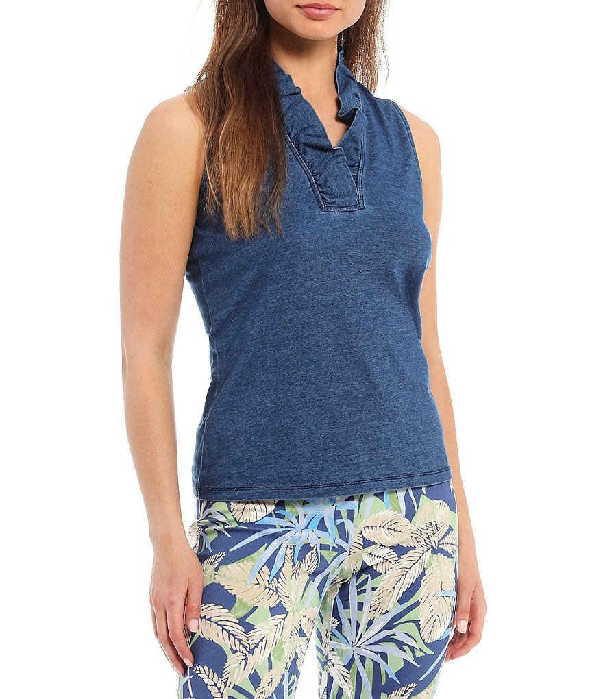 J.McLaughlin Durham Sleeveless Ruffle V-Neck Denim Blouse