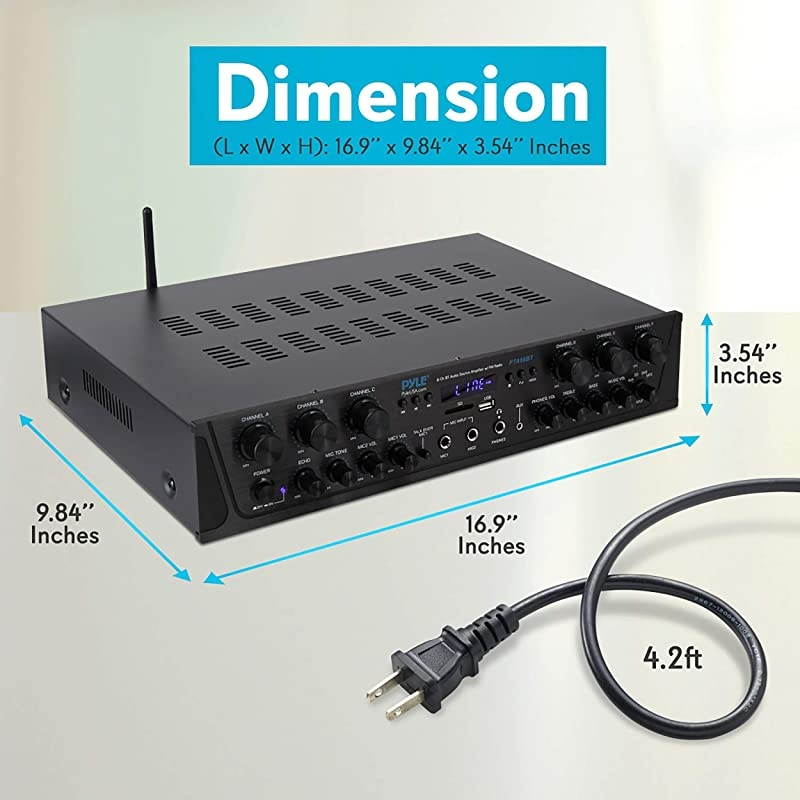 Wireless Home Audio Amplifier System Bluetooth Compatible Sound Stereo Receiver Amp 6 Channel 600Watt Power Digital LCD Headphone Jack 14 Microphone IN USB SD AUX RCA FM Radio  PTA66BT