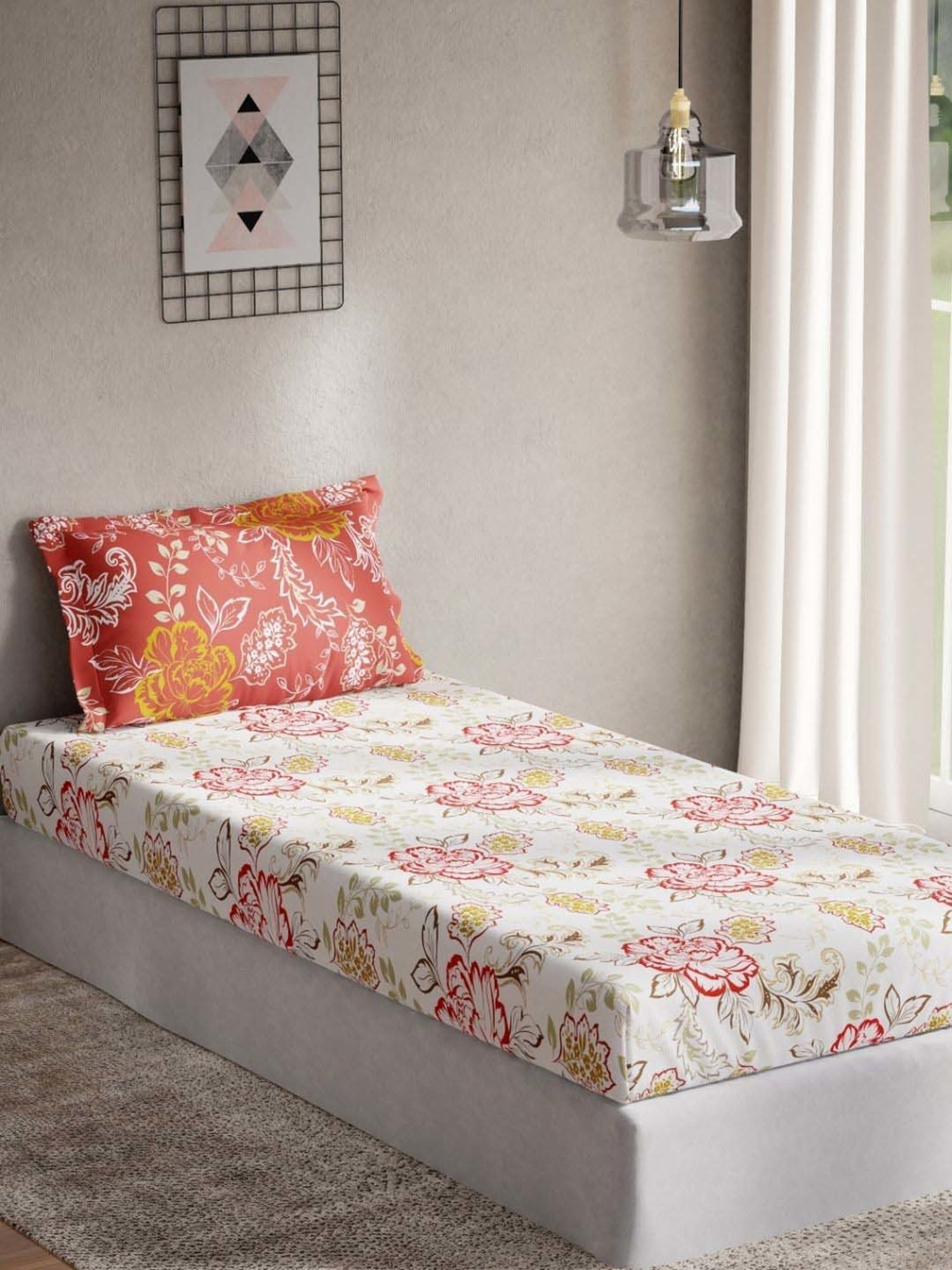 DDecor Lyra Floral Red Cotton 144 TC Single Bedsheet With 1 Pillow Cover