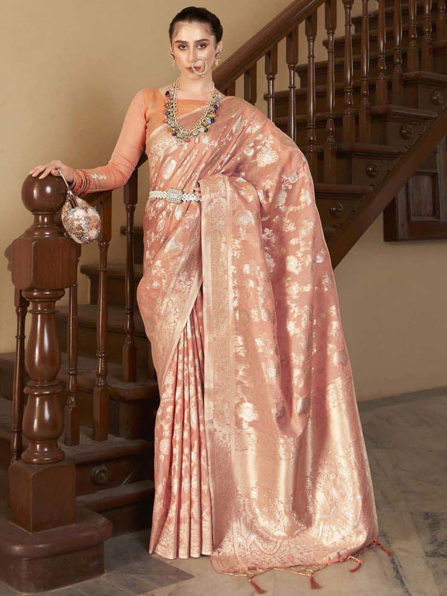 Elora Peach Silk Woven Saree With Unstitched Blouse