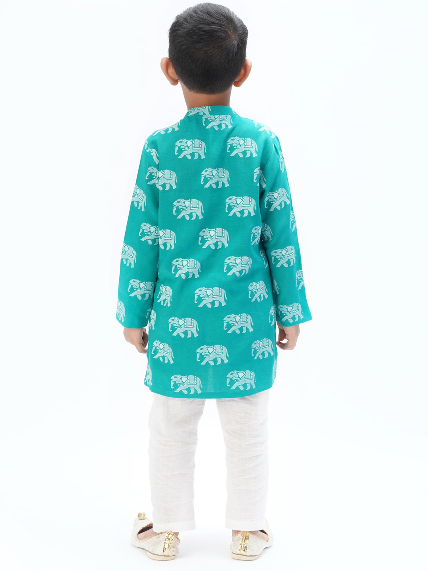 Lil Drama Kids Turquoise & White Printed Full Sleeves Kurta with Pants