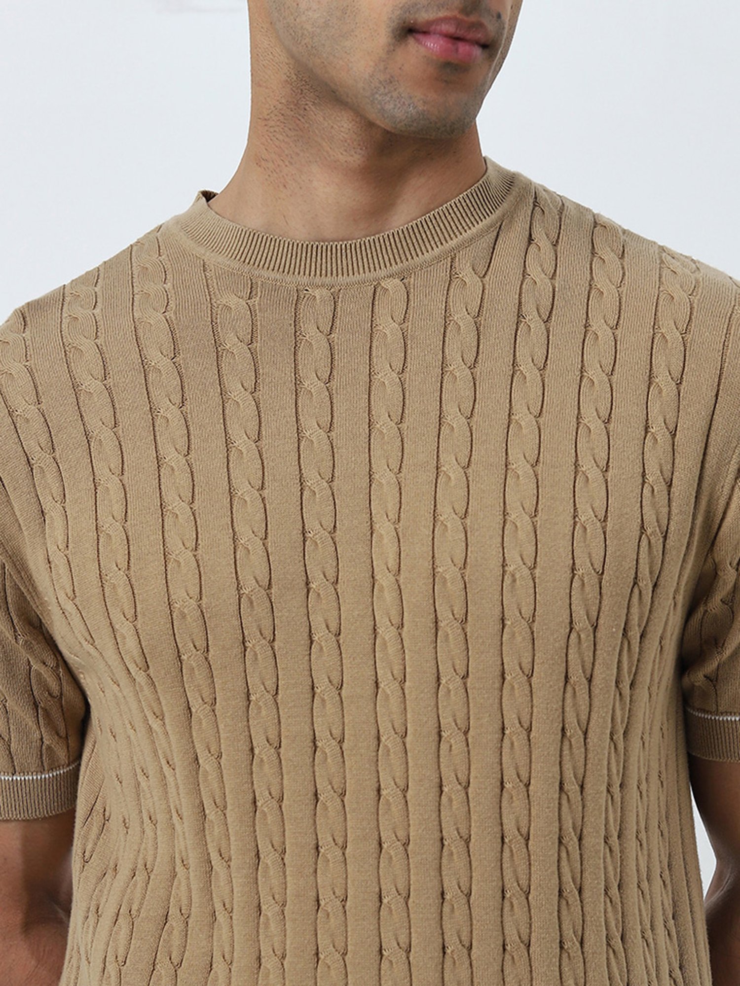 Ascot by Westside Beige Knit-Textured Relaxed-Fit Cotton T-Shirt