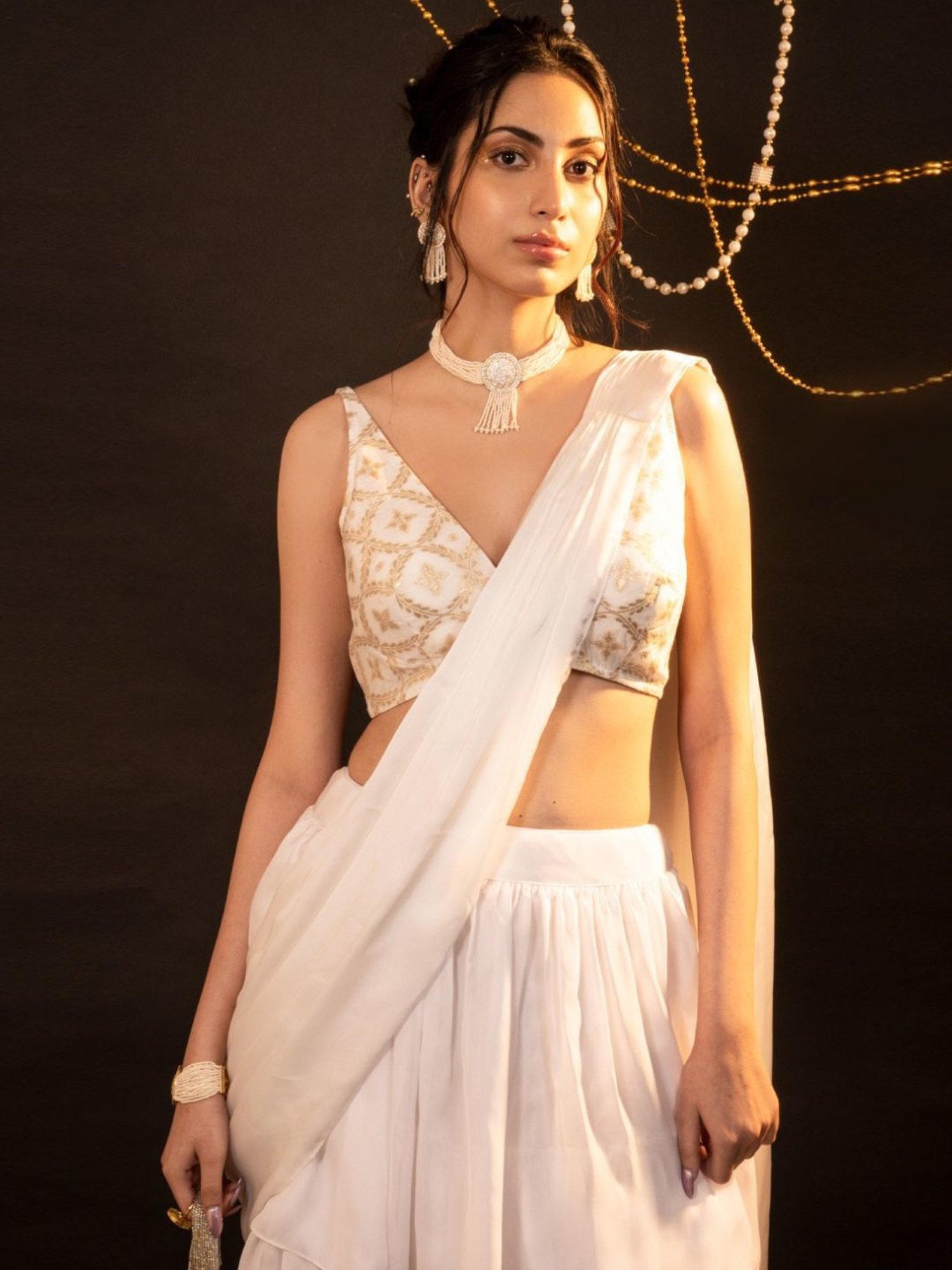Monk and Mei Soul of Swan White and Gold Mira Ruffle Saree Set