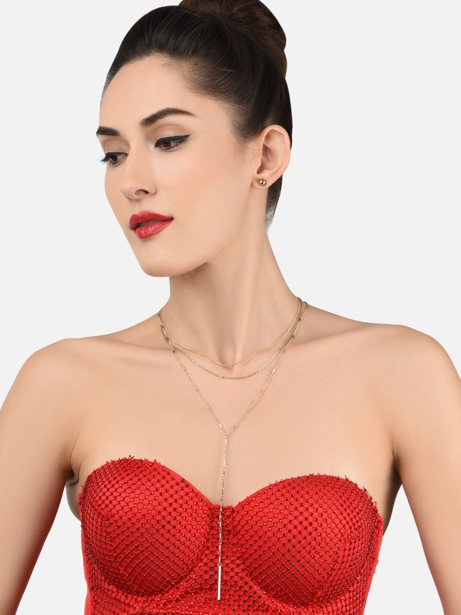 Zaveri Pearls Gold Tone Multi Layered Contemporary Lariat Necklace & Earring Set