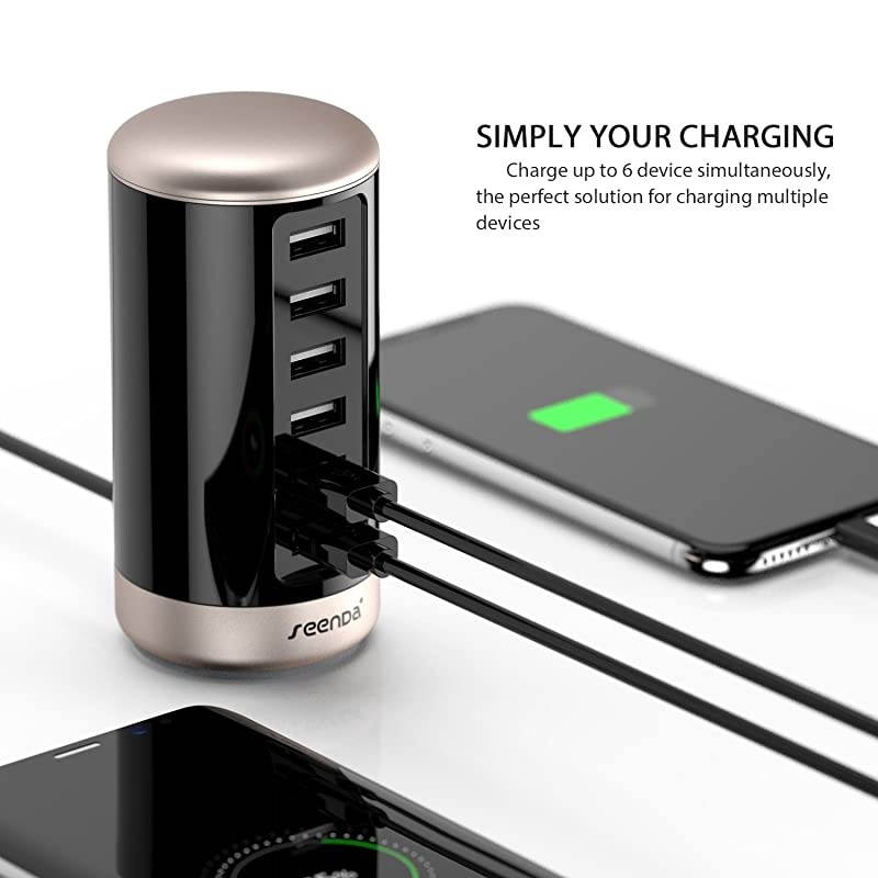 USB Charger Multi Wall Charger 6Port USB Charging Station with Smart Identification Black amp Gold