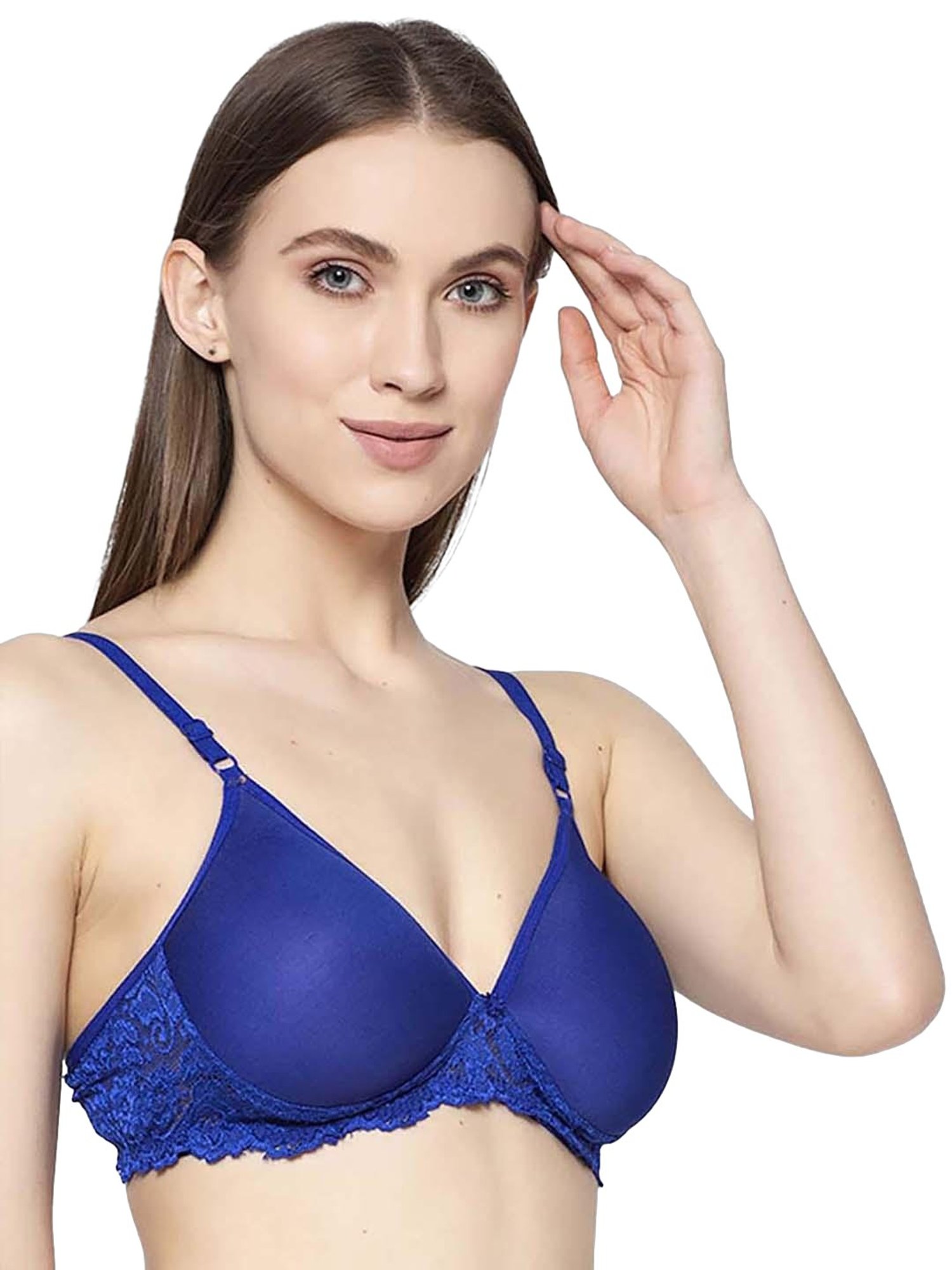 AROUSY Beige & Blue Cotton Lace Work T-Shirt Bras - Pack Of 2