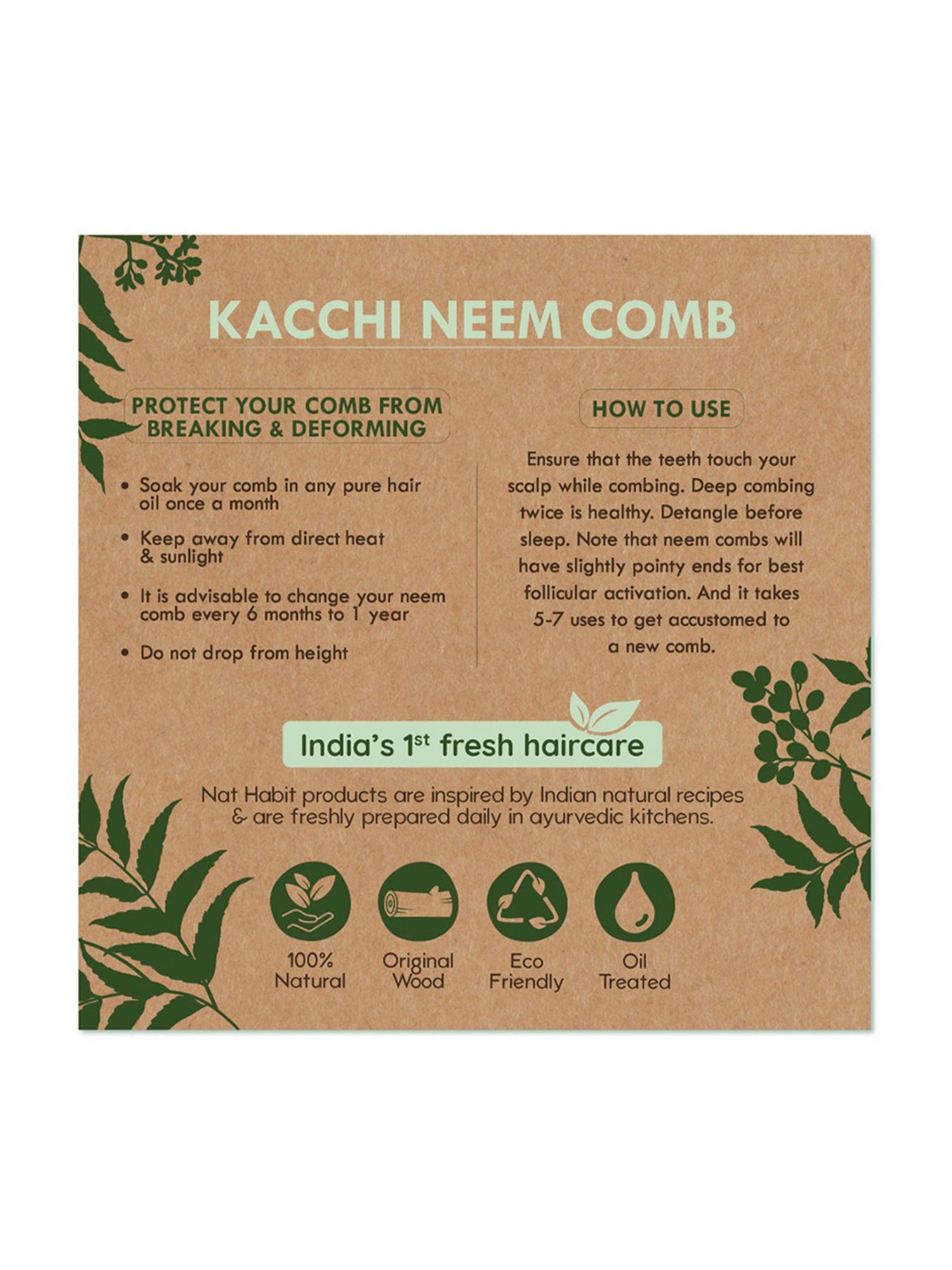 Nat Habit Kacchi Neem Wodden Fine Tooth Pocket Comb - Pack of 2