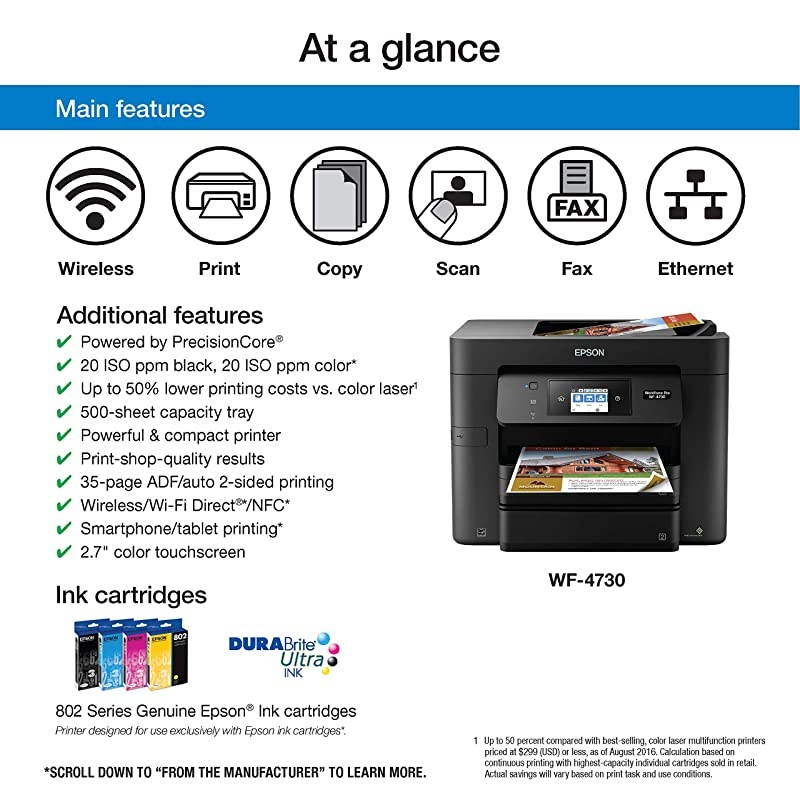 WorkForce Pro WF-4730 Wireless All-in-One Color Inkjet Printer, Copier, Scanner with Wi-Fi Direct,  Dash Replenishment Ready