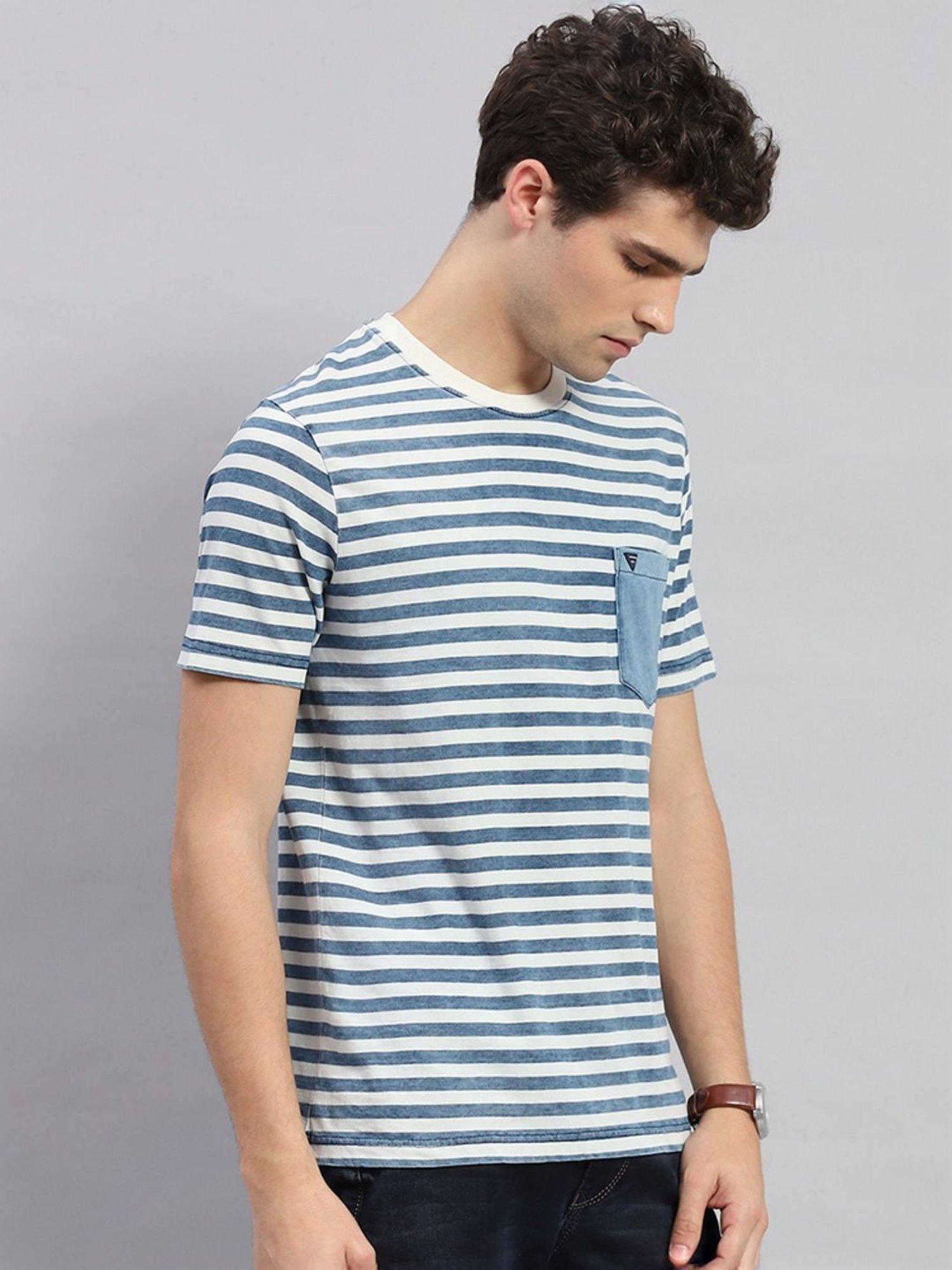 Monte Carlo Light Blue Regular Fit Striped T-Shirt