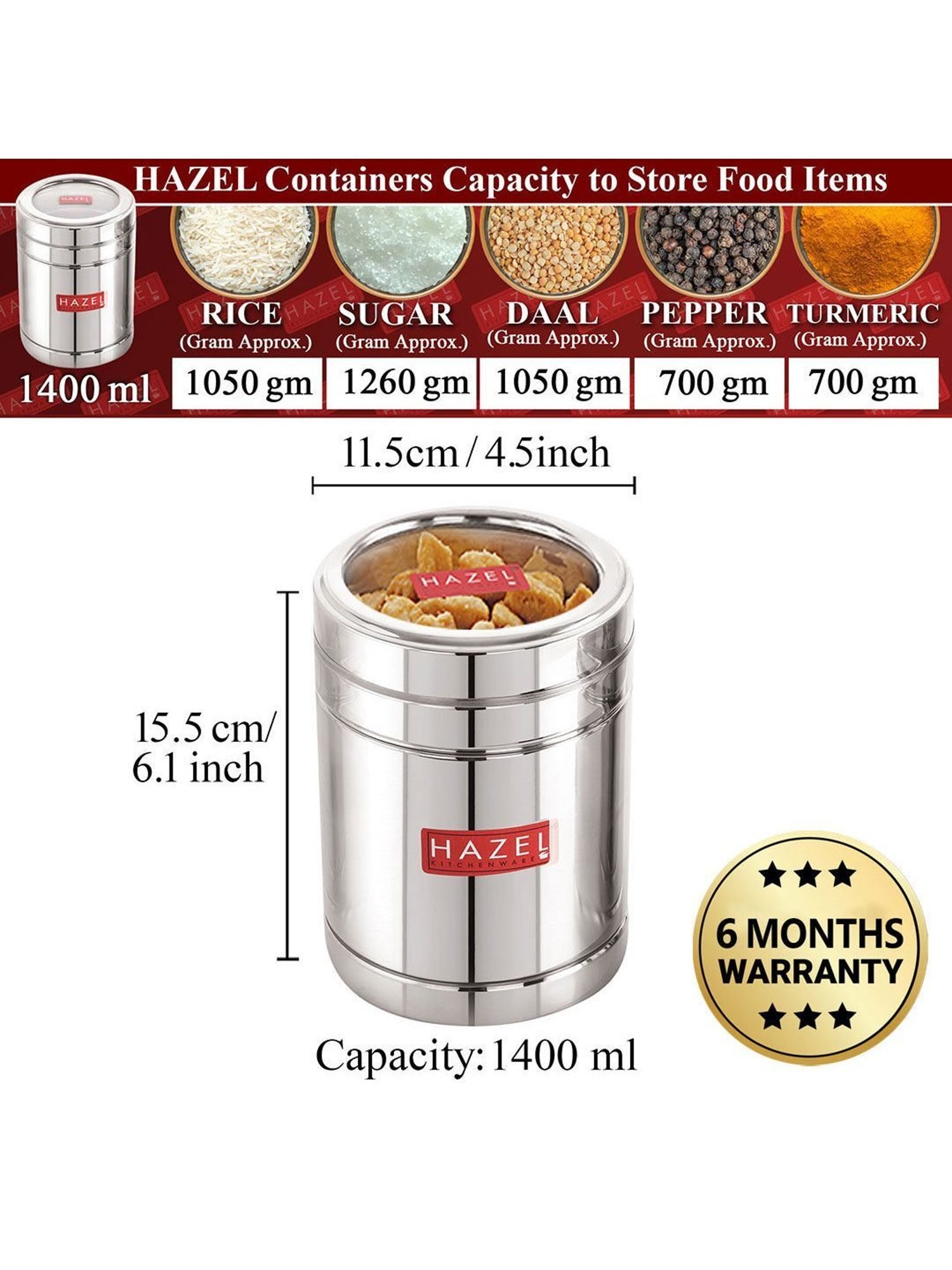 HAZEL Silver Stainless Steel Container with Transparent Lid - Set of 6 (1.4L)