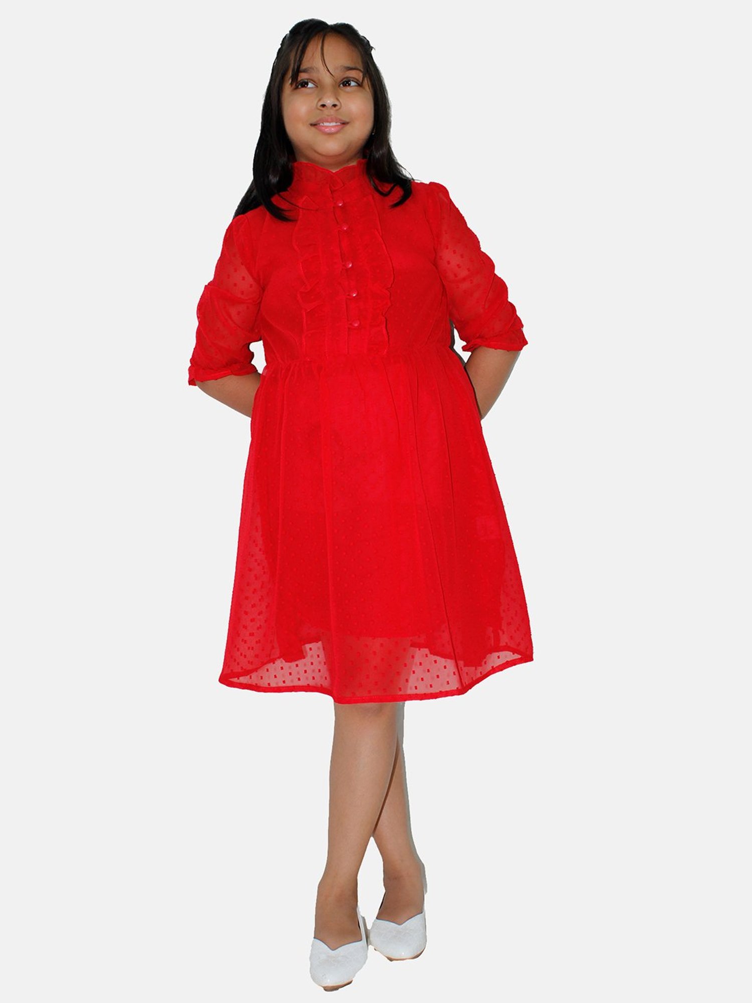 Kiddopanti Kids Red Self Design Full Sleeves Dress