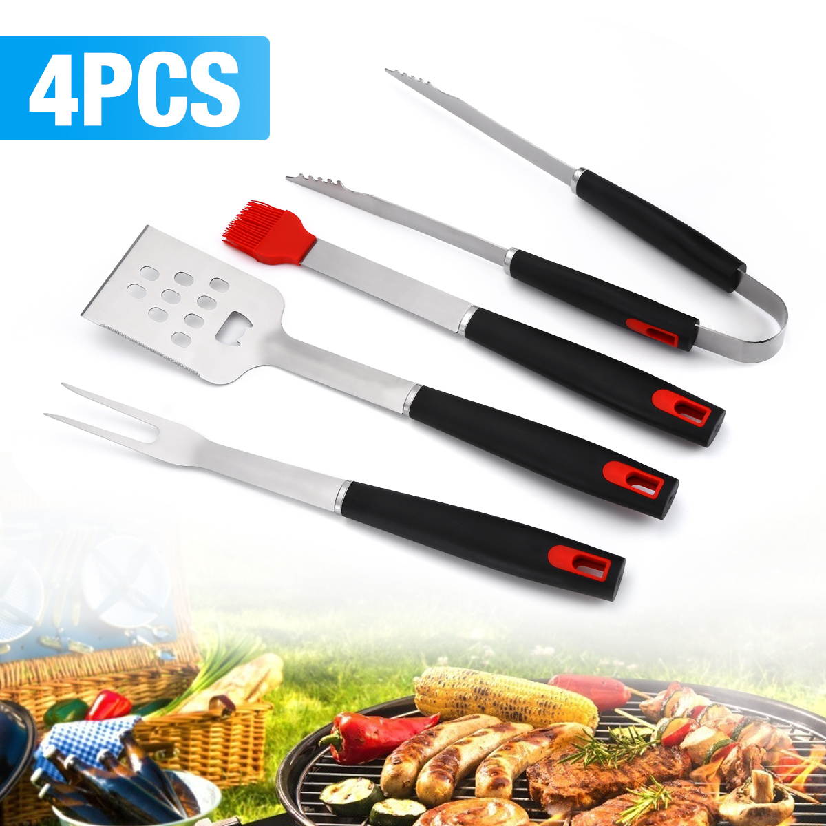 FirstPower 4Pcs Stainless BBQ CLUB Grill Tool Set  Piece-Tongs, Spatula, Fork, Brush
