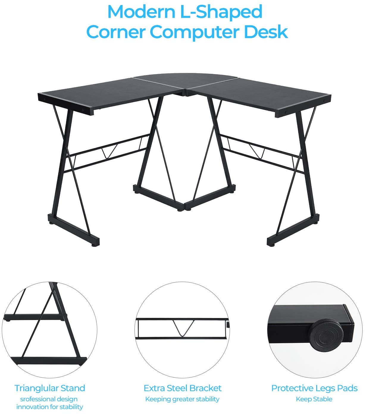 L Shaped Corner Desk, Industrial Style Computer Gaming Desk PC Laptop Workstation for Home Office, Black