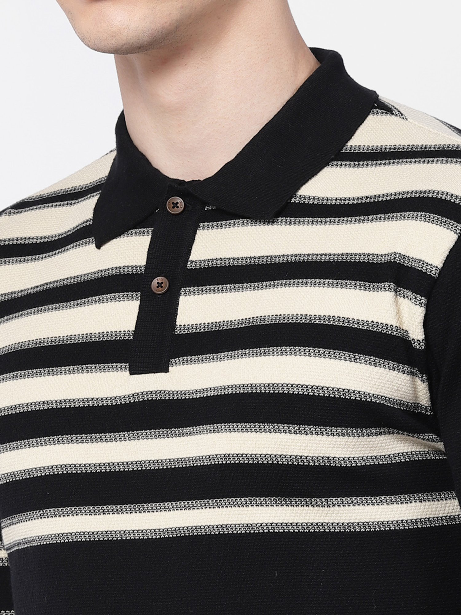 Kalt Black & Cream Regular Fit Striped Polo T-Shirt