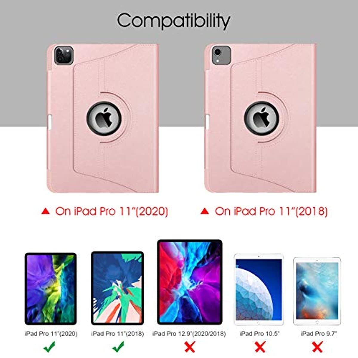 Fintie Case with Built-in Pencil Holder for iPad Pro 11" 2020 & 2018 [Support 2nd Gen Pencil Charging Mode] - 360 Degree Rotating Stand Protective Cover with Auto Sleep/Wake, Rose Gold
