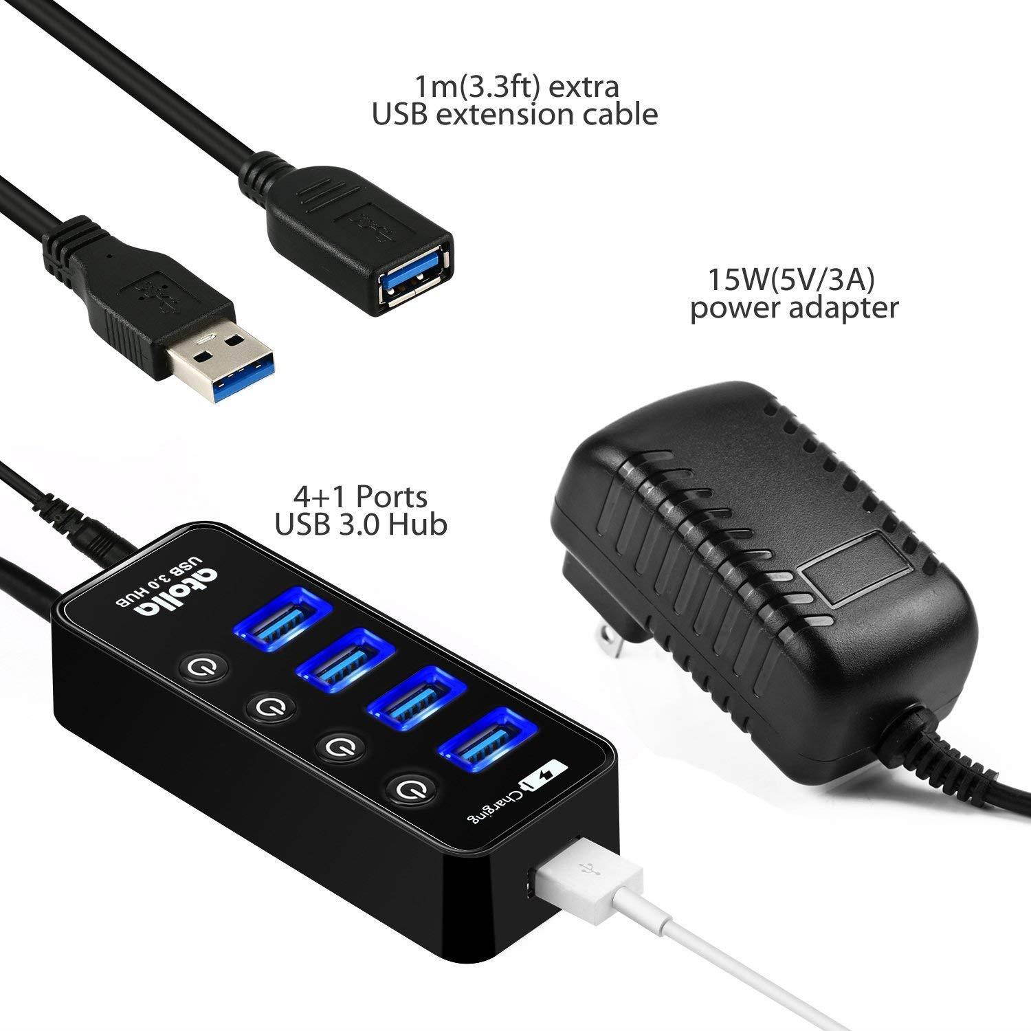 Powered USB Hub, atolla USB 3.0 Hub 4 + 1 Data Transfer and Charging Multiport with 15W (5V/3A) Power Supply Adapter and 3.3ft Meter USB 3 Extension Cable