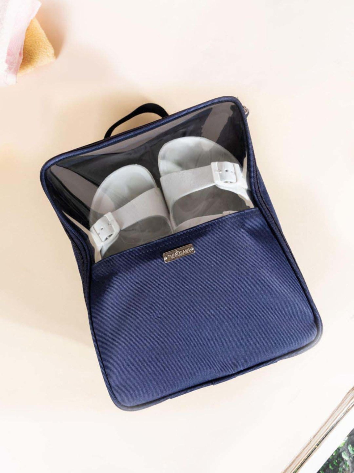 Nestasia Navy Blue & Transparent Nylon And Pvc Made Waterproof Shoe Bag Organizer With Small Handle